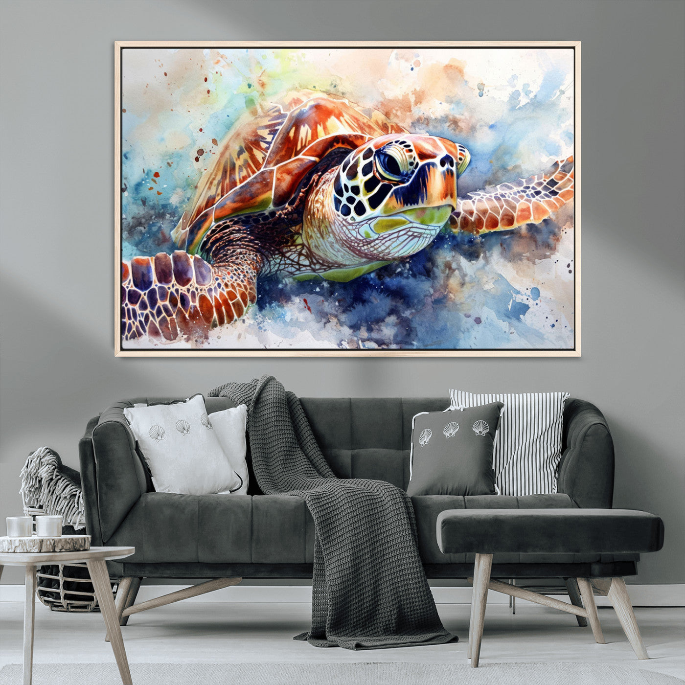MGV-FC-36X24 - Watercolor Sea Turtle Wall Art Canvas Print - Vibrant Ocean Colors in Watercolor Style - Ready to
