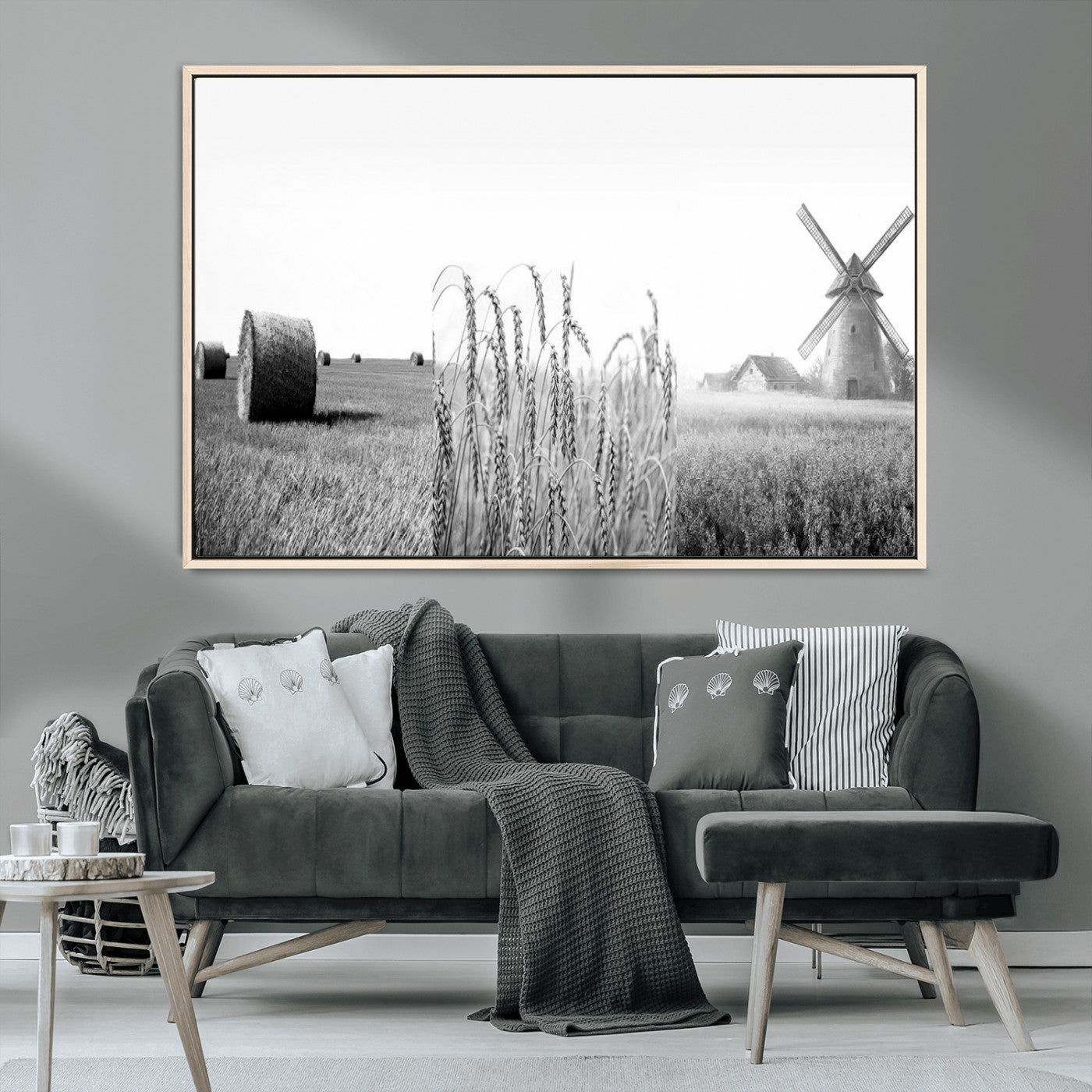 MGV-FC-36X24 - Vintage Farmhouse Black and White Triptych Wall Art – Giclee Canvas Featuring Wheat Fields, Hay