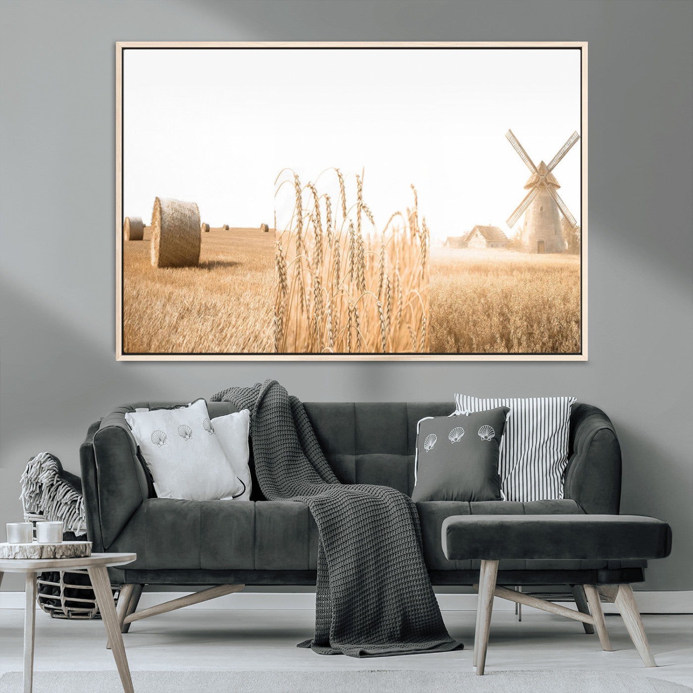 MGV-FC-36X24 - Vintage Farmhouse Triptych Wall Art – Giclée Canvas Featuring Wheat Fields, Hay Bales, and a