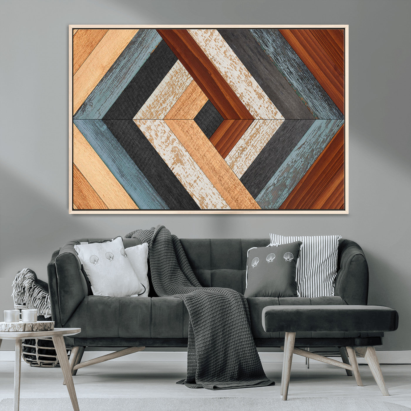 MGV-FC-36X24 - Geometric Wood Art Wall Decor Canvas Print, Rustic Wooden Pattern Triptych Wall Art for Living Room