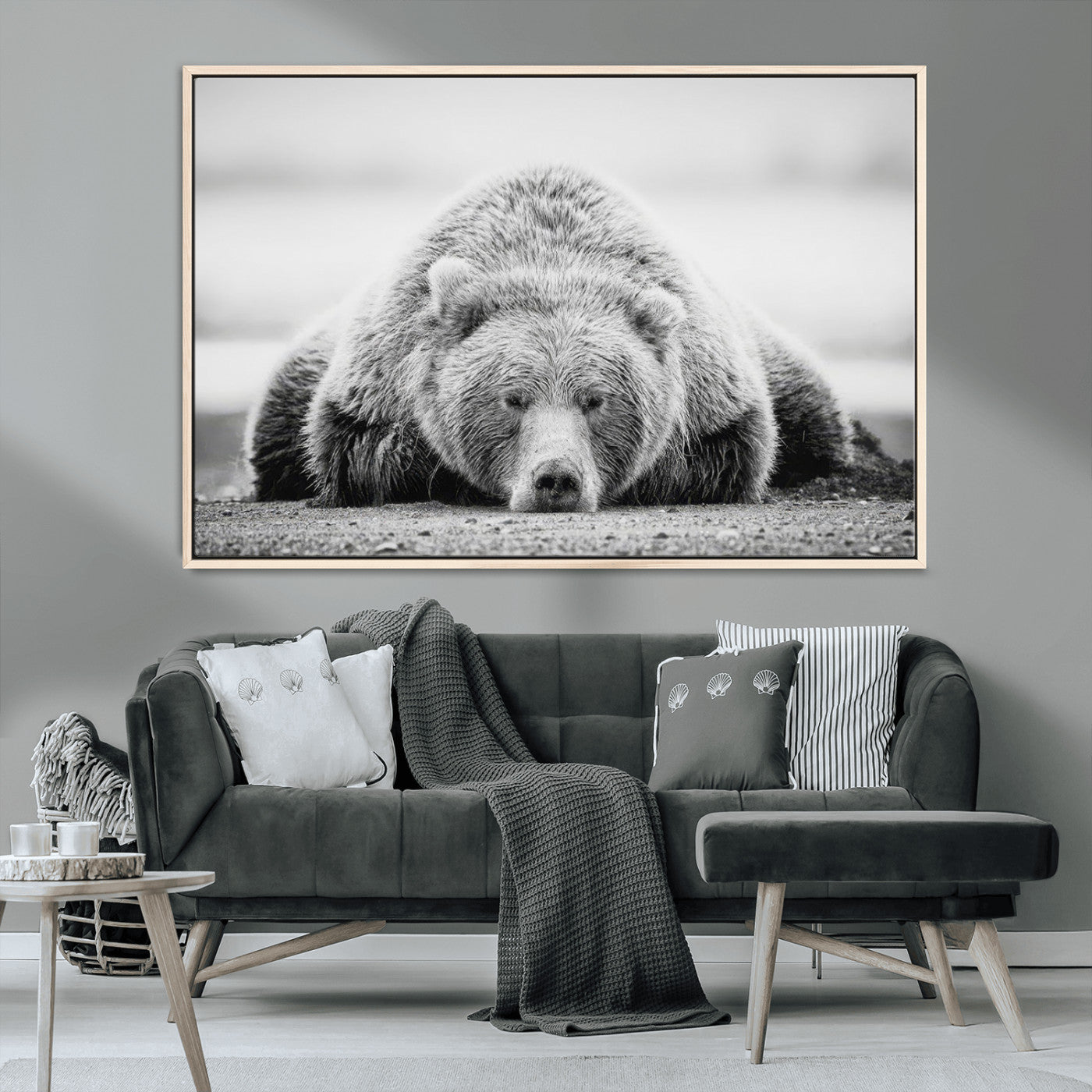 MGV-FC-36X24 - Resting Grizzly Bear Wall Art Canvas Print – Majestic Lazy Black and White Wildlife Bear Art,