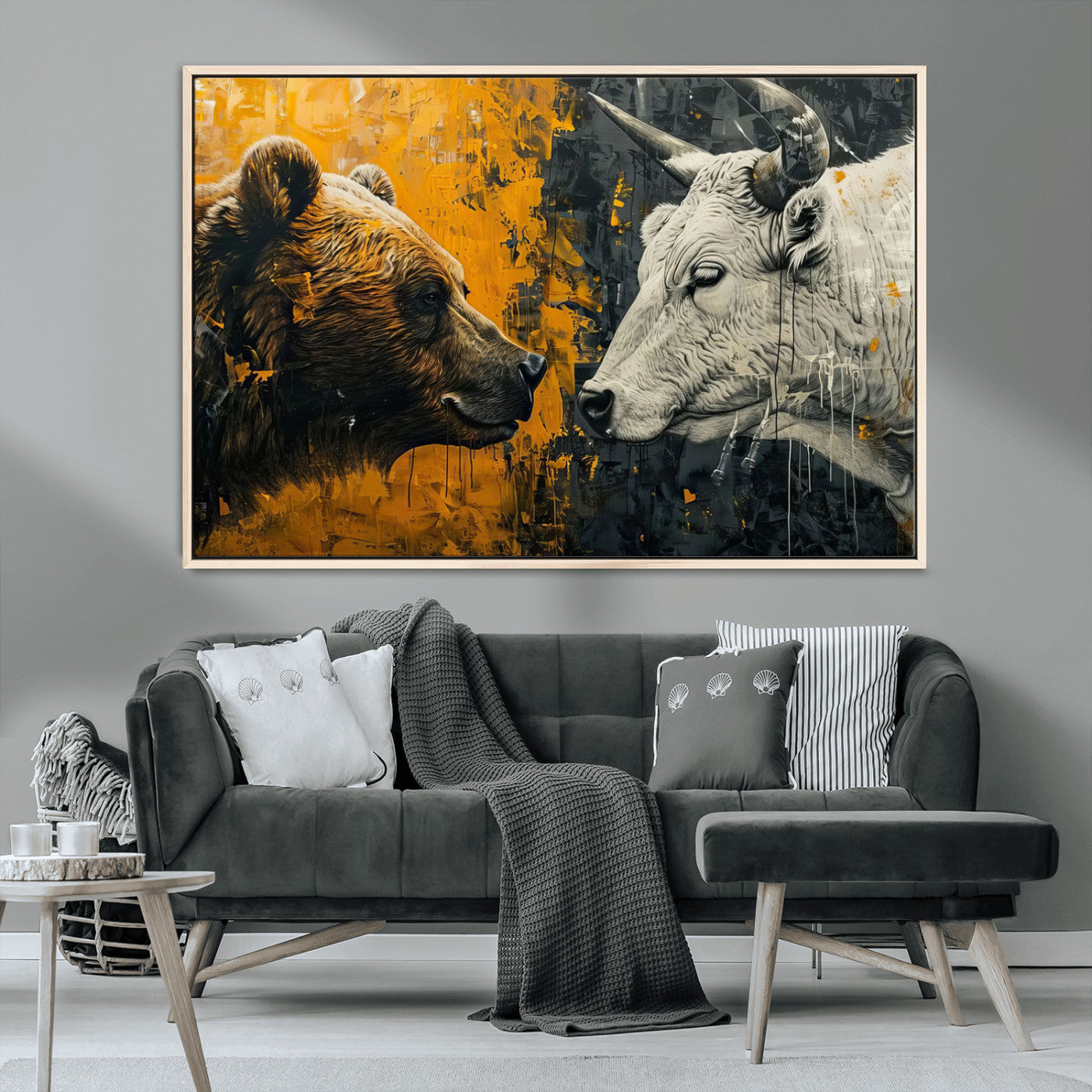 MGV-FC-36X24 - Bear and Bull Wall Art Canvas Print – Abstract Animal Portrait Painting for Modern Home Decor –