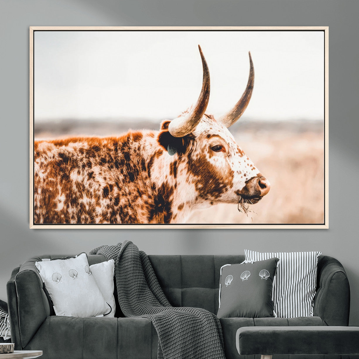 MGV-FC-36X24 - Speckled Bull Wall Art Canvas Print – Rustic Cow Longhorn Farmhouse Animal Decor – Western Longhorn