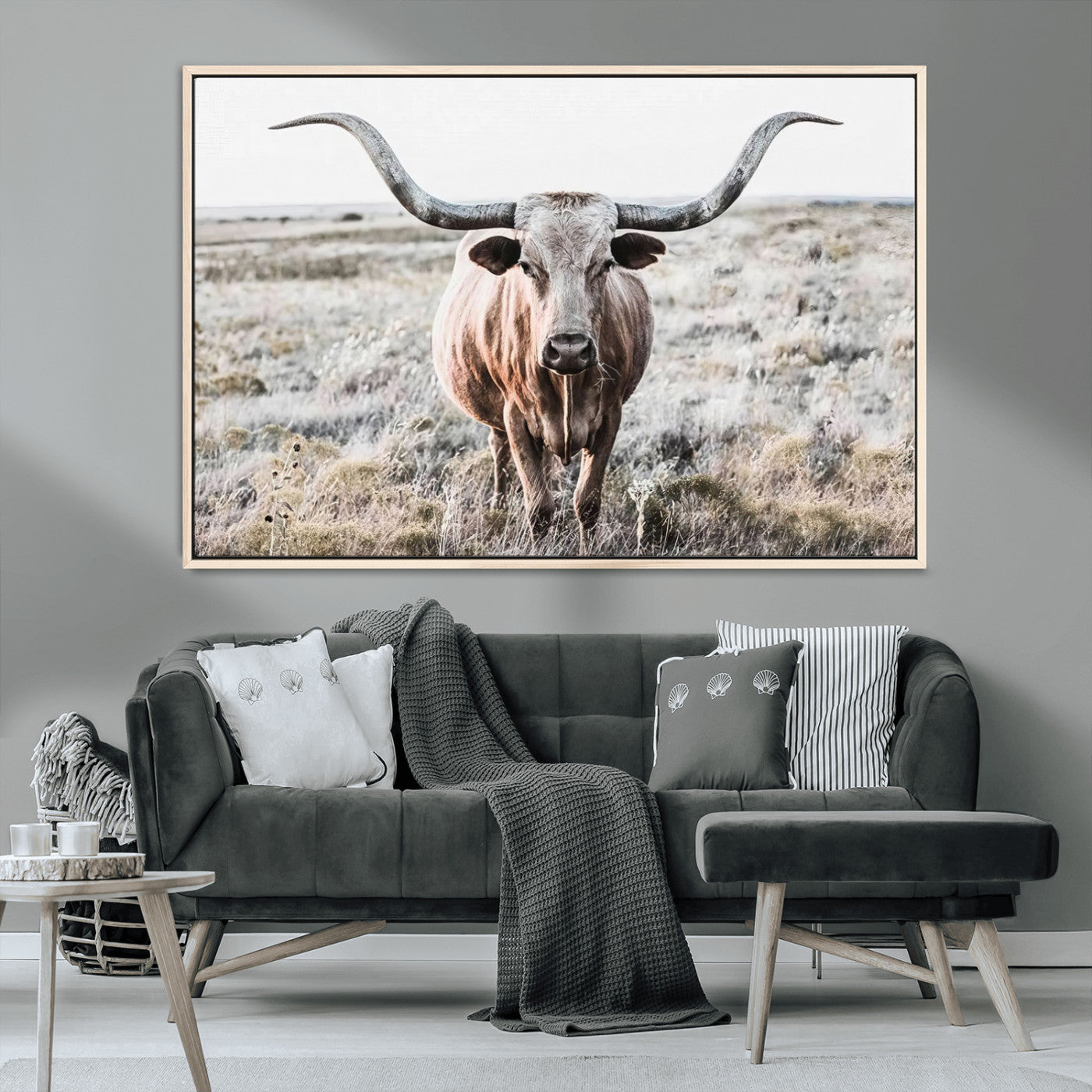 26121-MGV-FC-36X24_Natural-Rustic Texas Longhorn Wall Art Canvas Print | Western Farmhouse Decor for Living Room or Office,