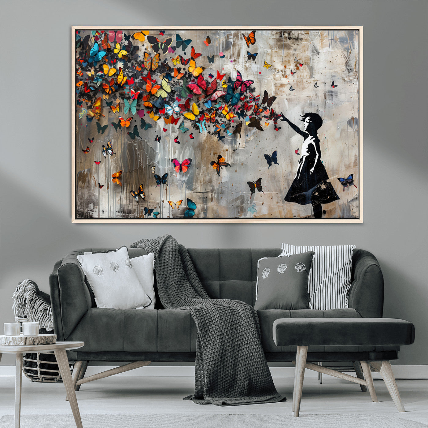 MGV-FC-36X24 - Banksy Wall Art - Banksy Girl and Butterfly Explosion Wall Art Canvas Print | Girl with Butterflies