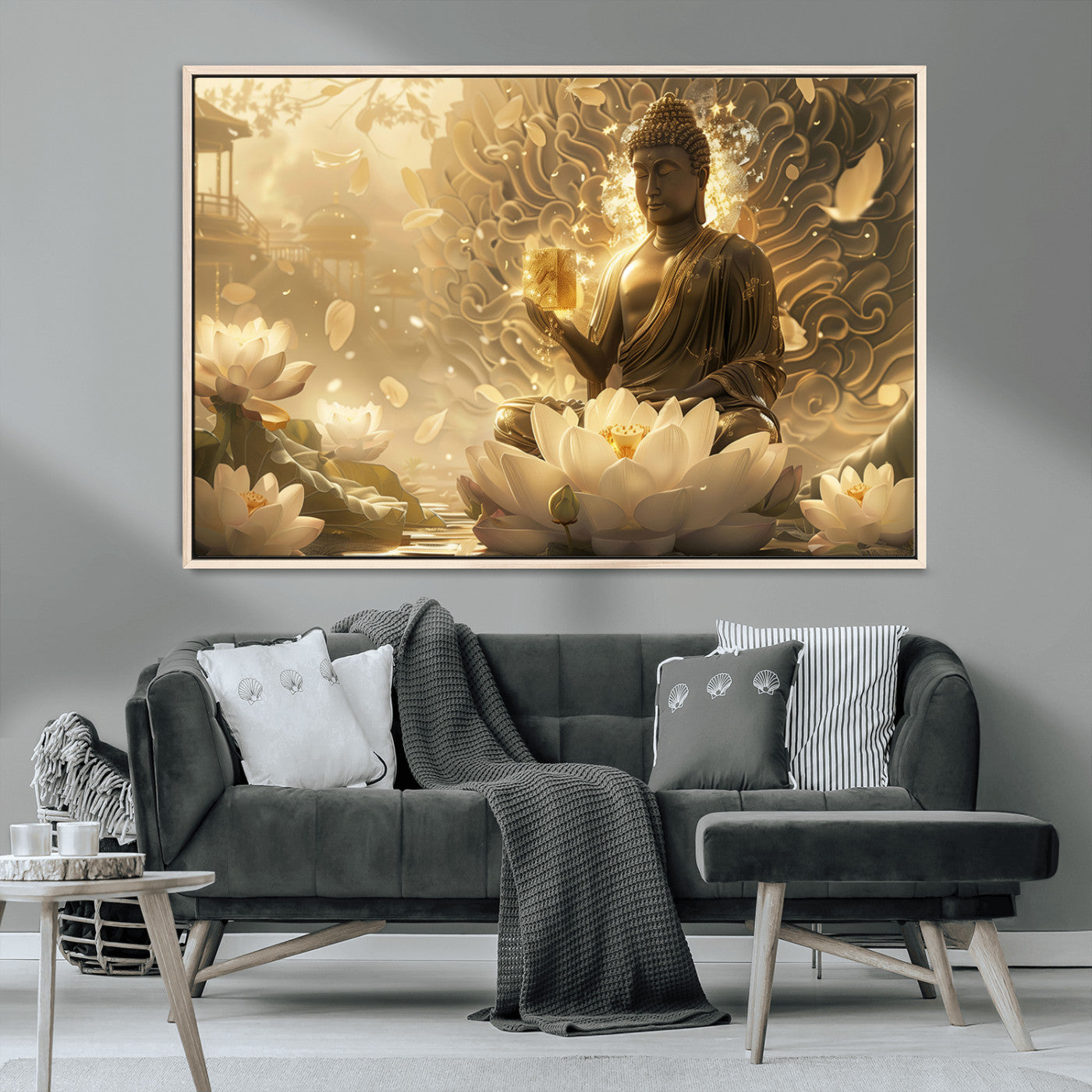 MGV-FC-36X24 - Golden Buddha Wall Art | Yoga Room Decor and Meditation Room Wall Art | Framed and Ready to Hang