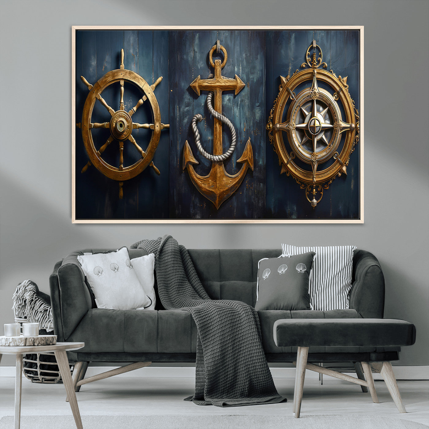 MGV-FC-36X24 - Boat Anchor Compass With Rope Wall Art Canvas Print | Beach House Wall Art
