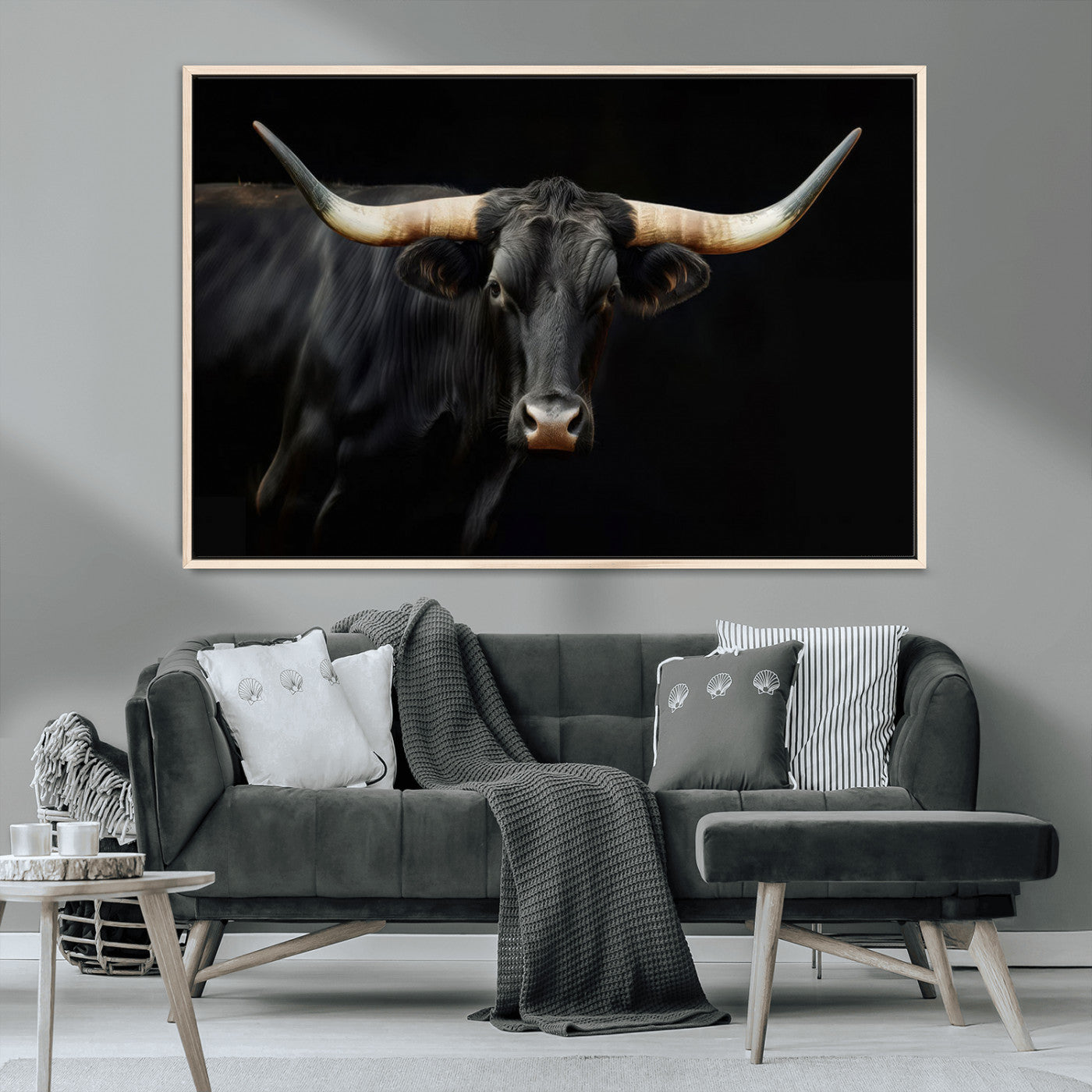 MGV-FC-36X24 - Texas Longhorn Cow | Majestic Black Bull Wall Art Canvas Print - Farmhouse Animal Decor - Ready to