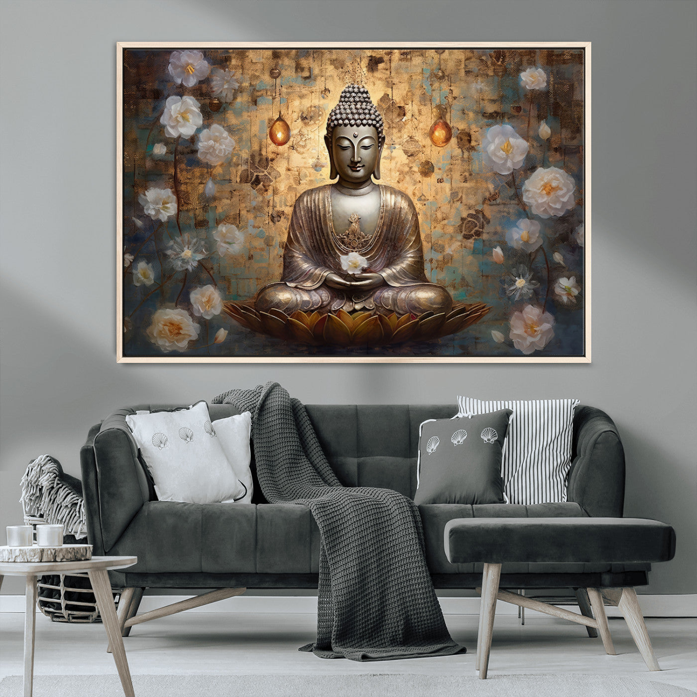 MGV-FC-36X24 - Golden Buddha Wall Art Canvas Print | Zen Meditation Floral Decor | Tranquil Spiritual Home Art |