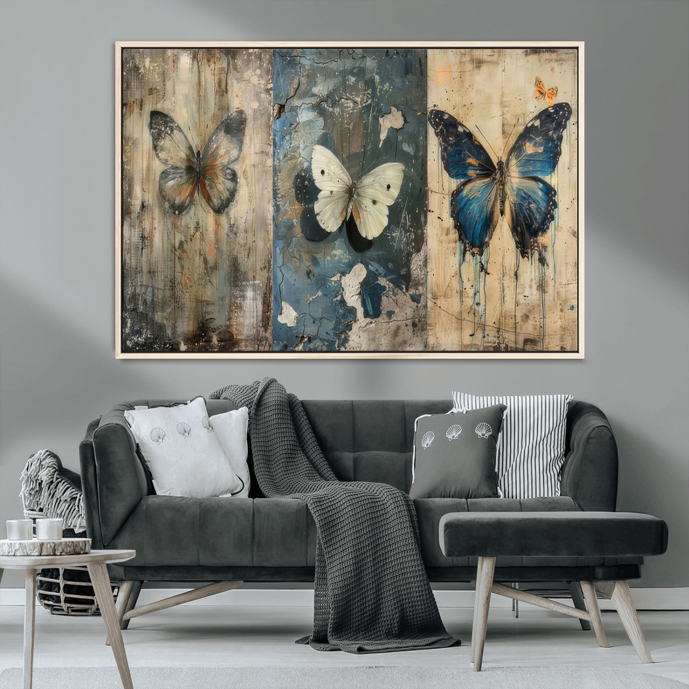 MGV-FC-36X24 - Butterfly Wall Art Trio | Vintage Butterfly Canvas Print | Ready to Hang Framed Artwork for