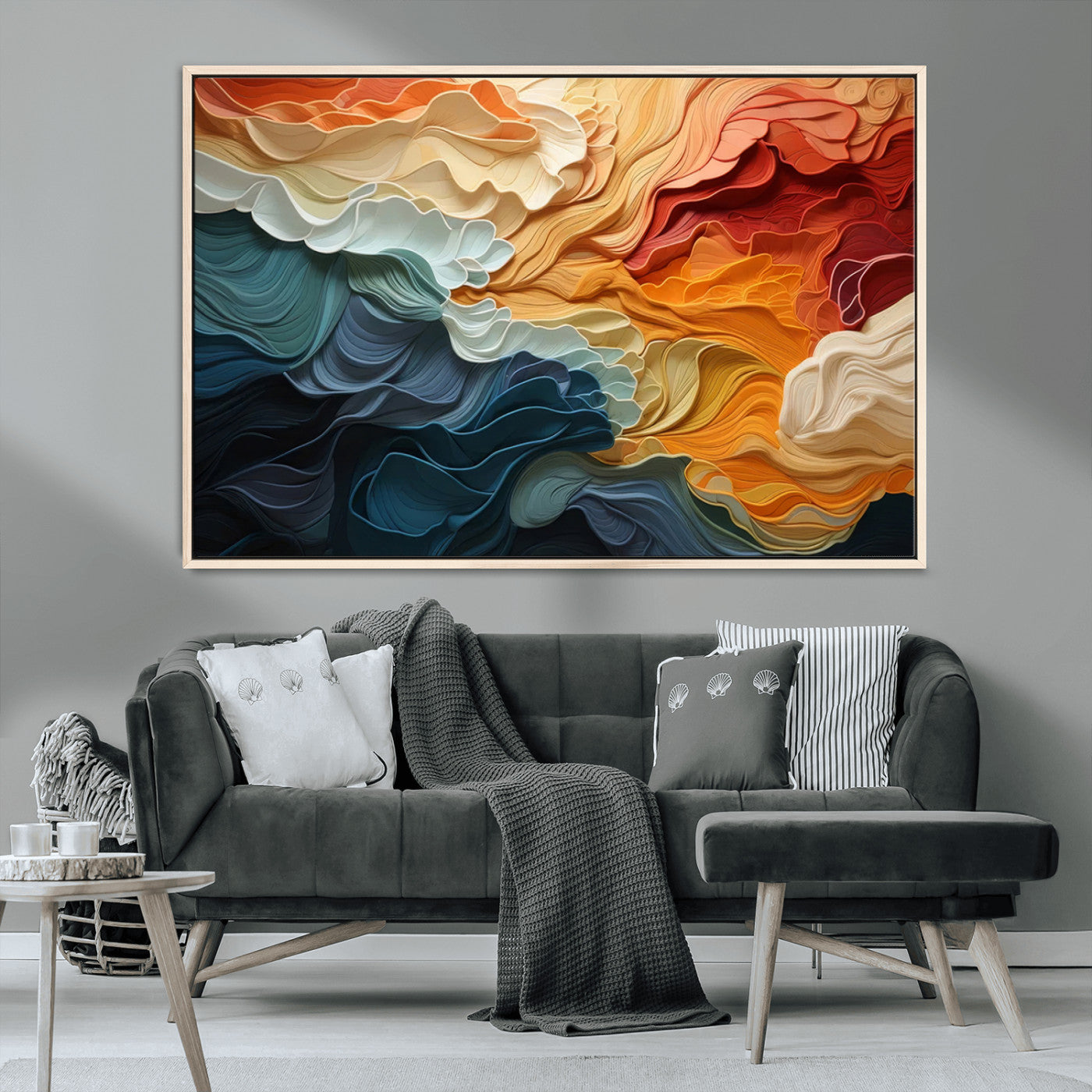 MGV-FC-36X24 - Blue Orange Abstract Wave Wall Art Canvas Print, Framed Blue Orange Wave Wall Art