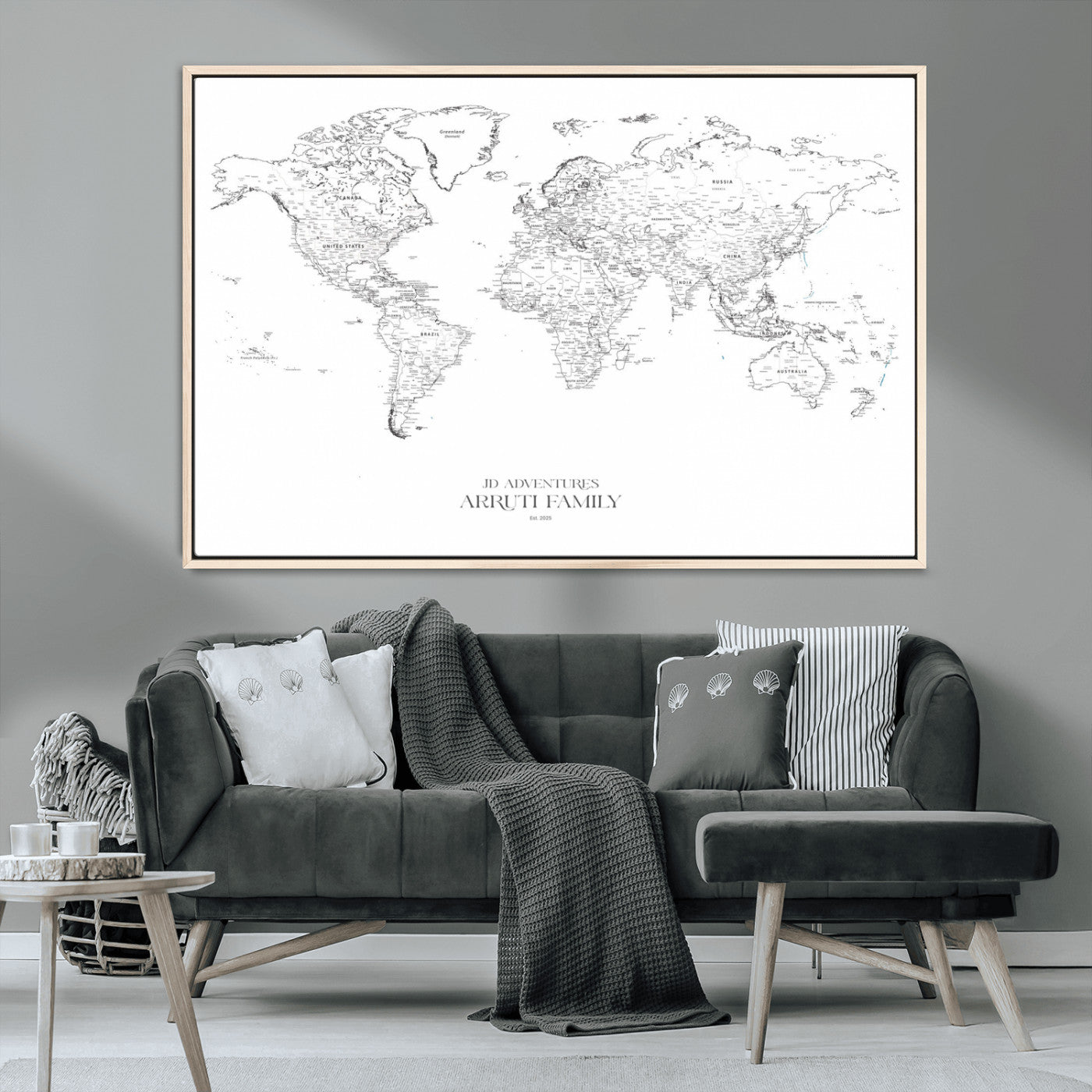 MGV-FC-36X24 - Custom World Map Wall Art – Personalized Framed Canvas Print with Push Pins for Travel Tracking,