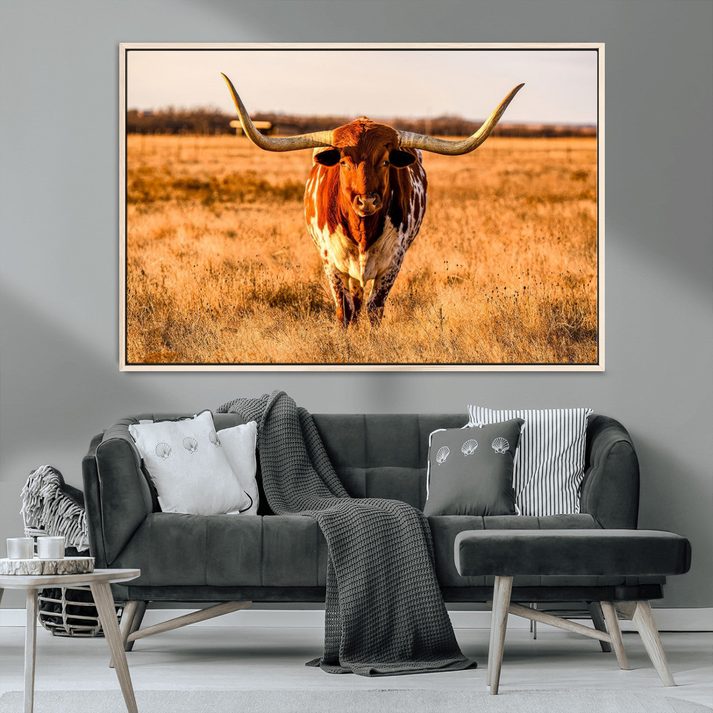 MGV-FC-36X24 - Longhorn Cow Wall Art | Ready to Hang Framed Canvas Print for Farmhouse and Barn Decor