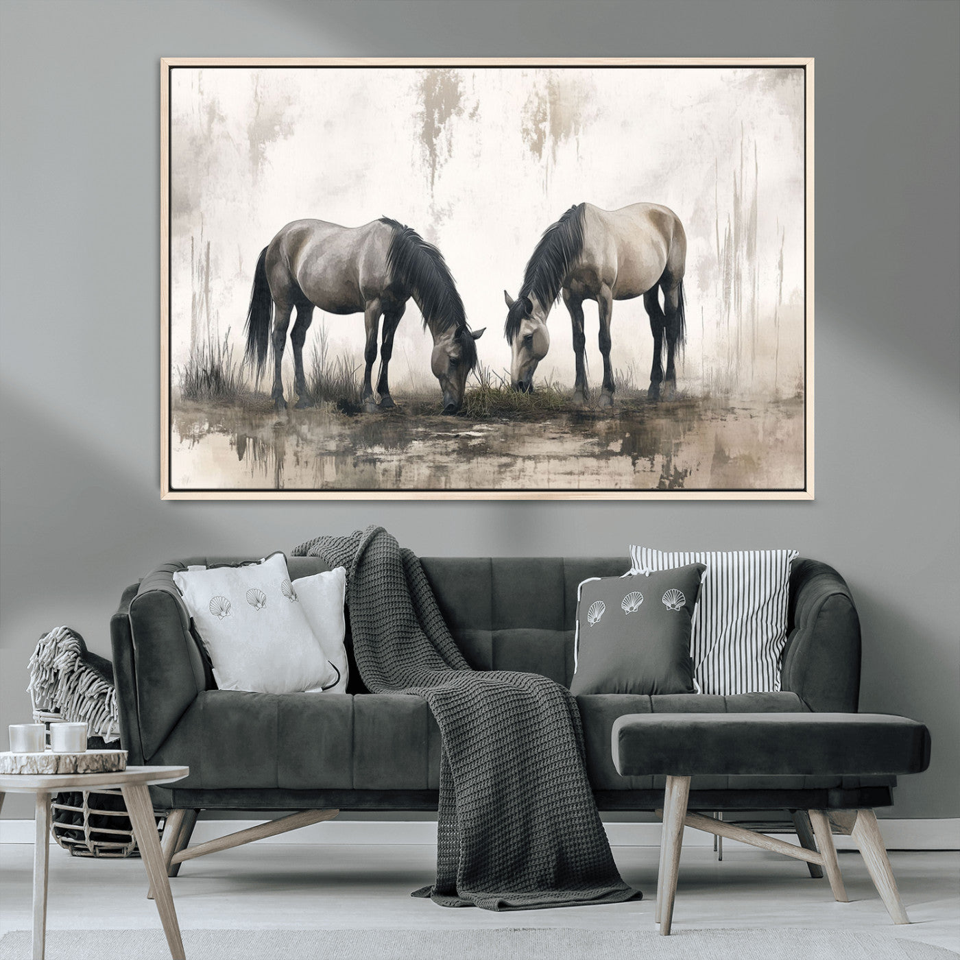MGV-FC-36X24 - Chines Ink Style Vintage Horses Wall Art Canvas Print for Farmhouse Wall Decor