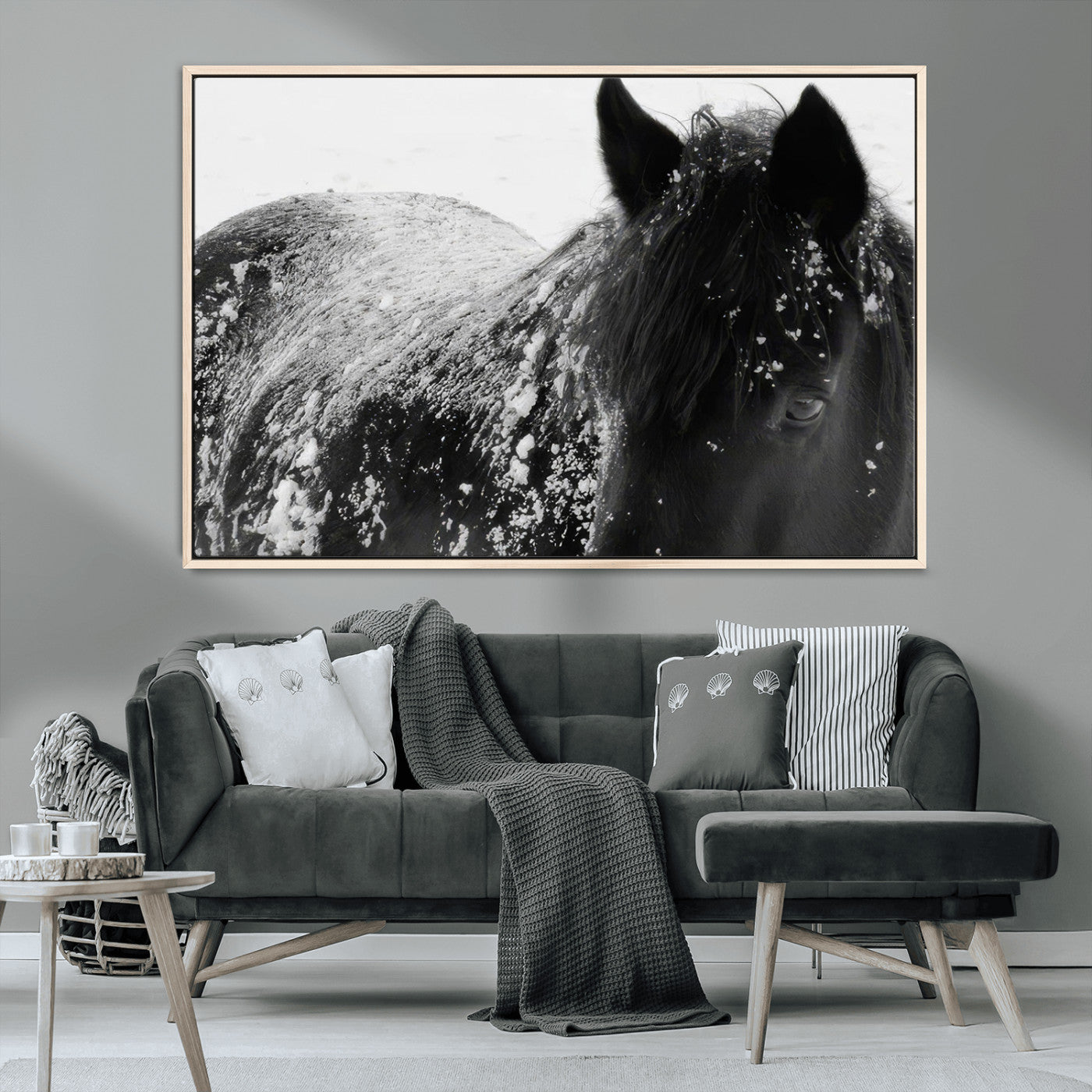 MGV-FC-36X24 - Black Horse in Snow Canvas Print | Winter Horse Wall Art | Ready to Hang and Framed | Farmhouse Wall