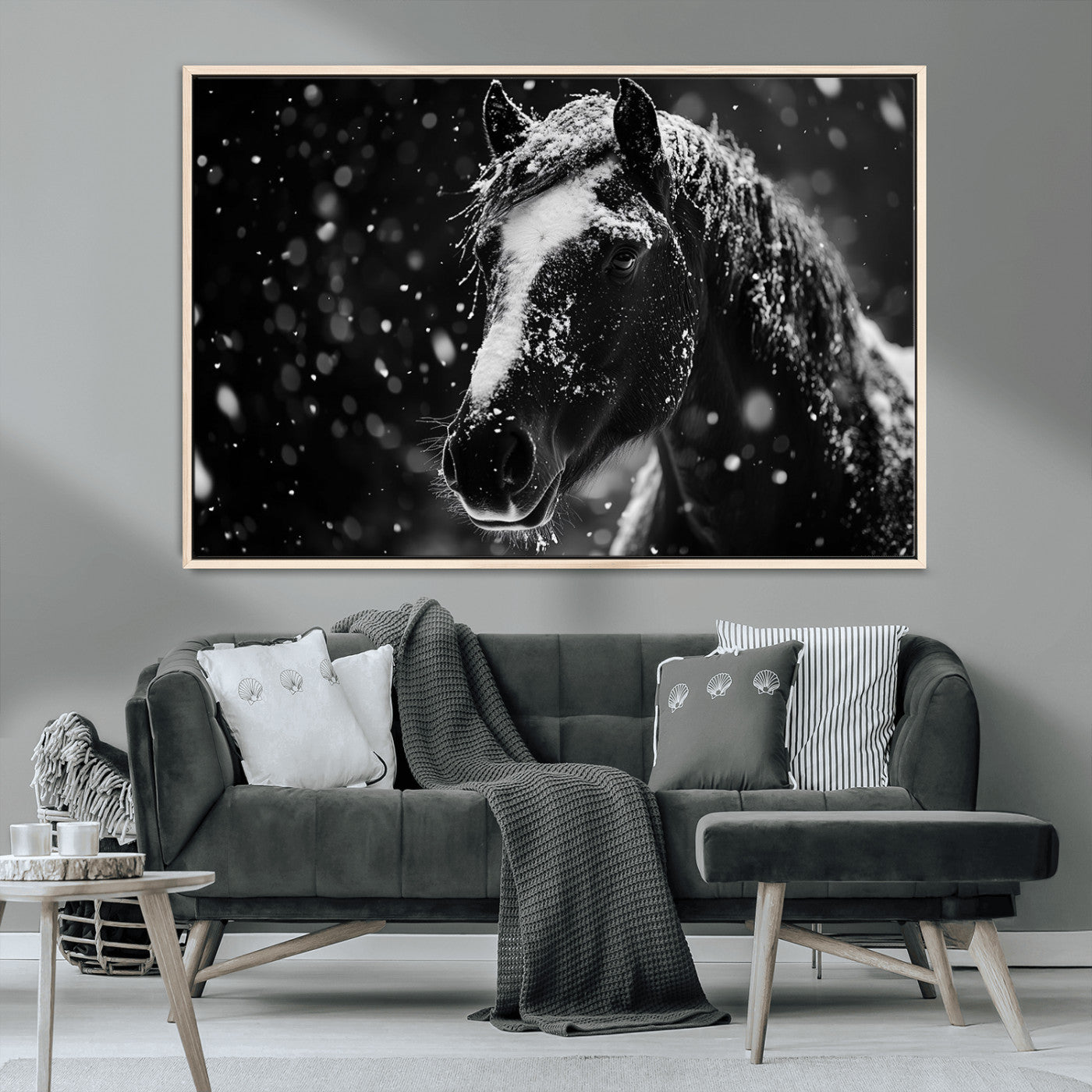 MGV-FC-36X24 - Winter Horse Wall Art | Black and White Horse Print | Ready to Hang and Framed | Farmhouse Wall Art