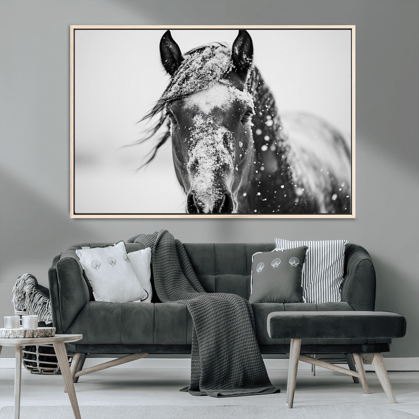 MGV-FC-36X24 - Western Wall Art | Black and White Winter Horse Wall Art | Ready to Hang and Framed | Farmhouse and