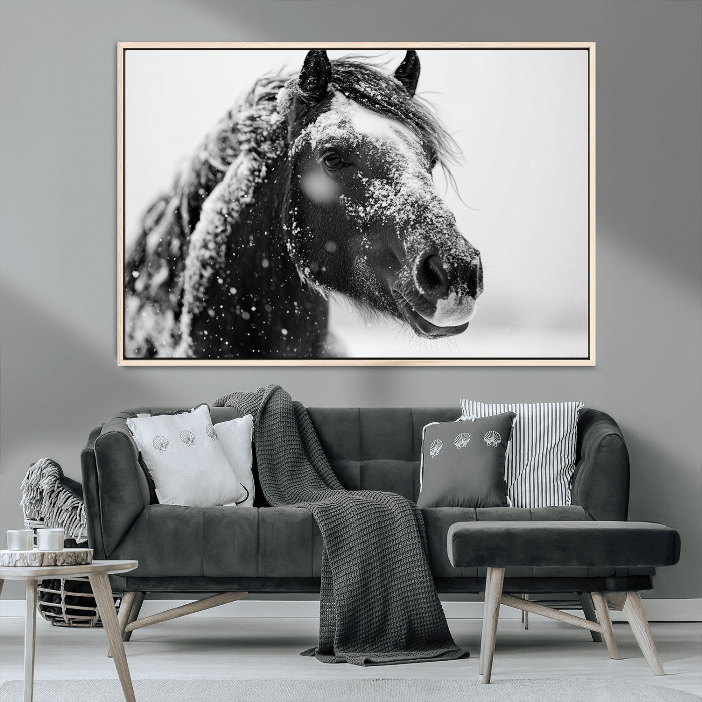 MGV-FC-36X24 - Winter Horse Canvas Print | Large 3-Panel Black White Equine Photography for Rustic Farmhouse Wall