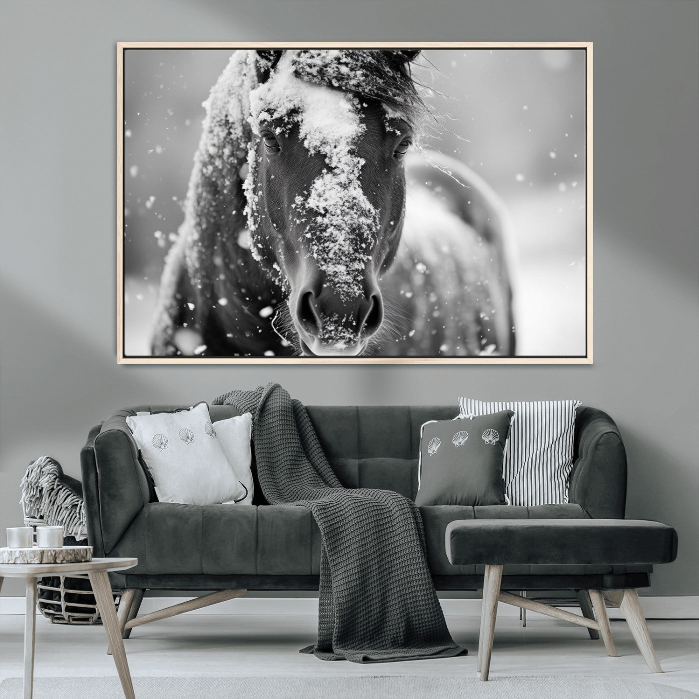 MGV-FC-36X24 - Black and White Horse Winter Wall Art | Ready to Hang and Framed | Farmhouse Wall Decor | Western