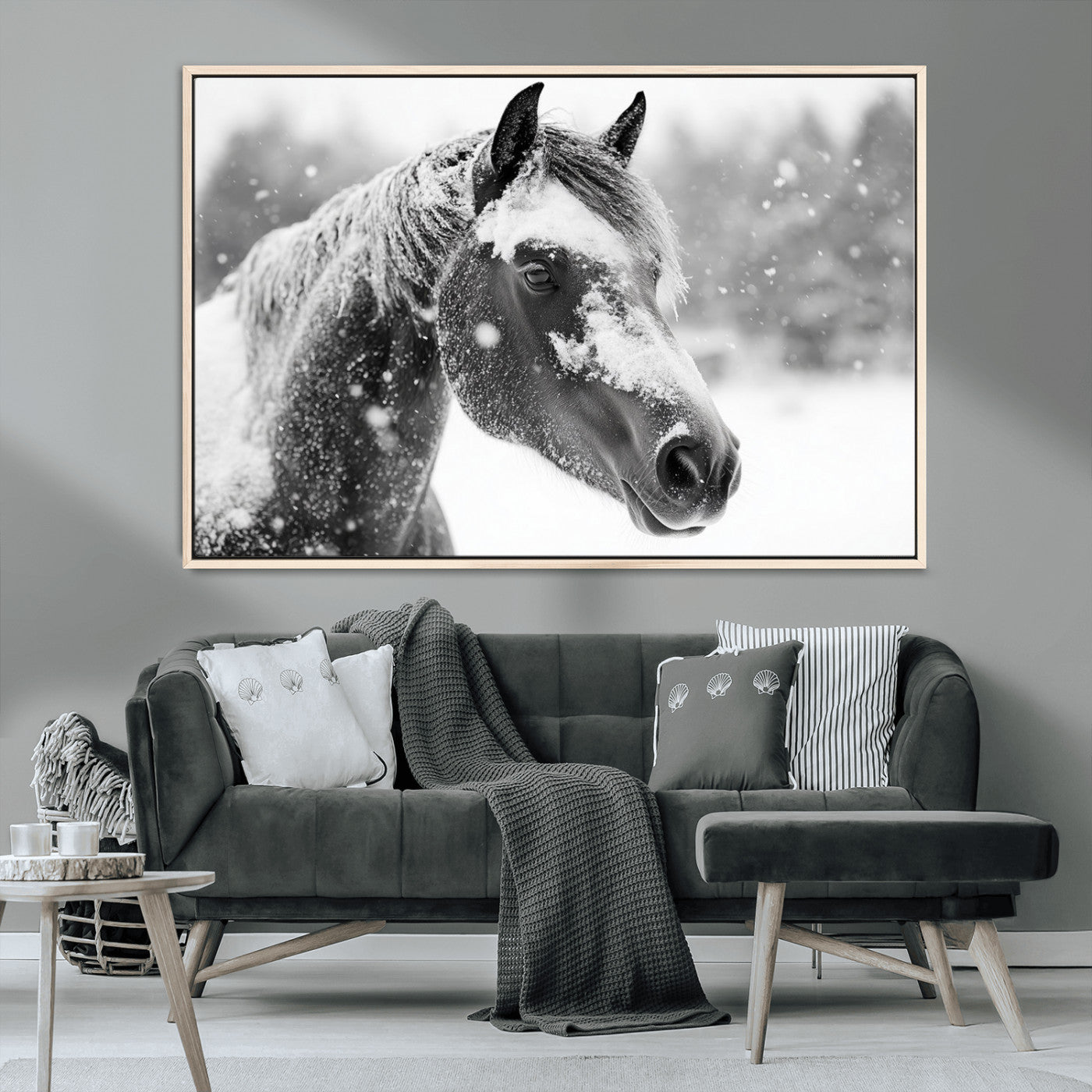MGV-FC-36X24 - Black Horse Winter Wall Art | Ready to Hang and Framed | Farmhouse and Western Wall Decor for Living