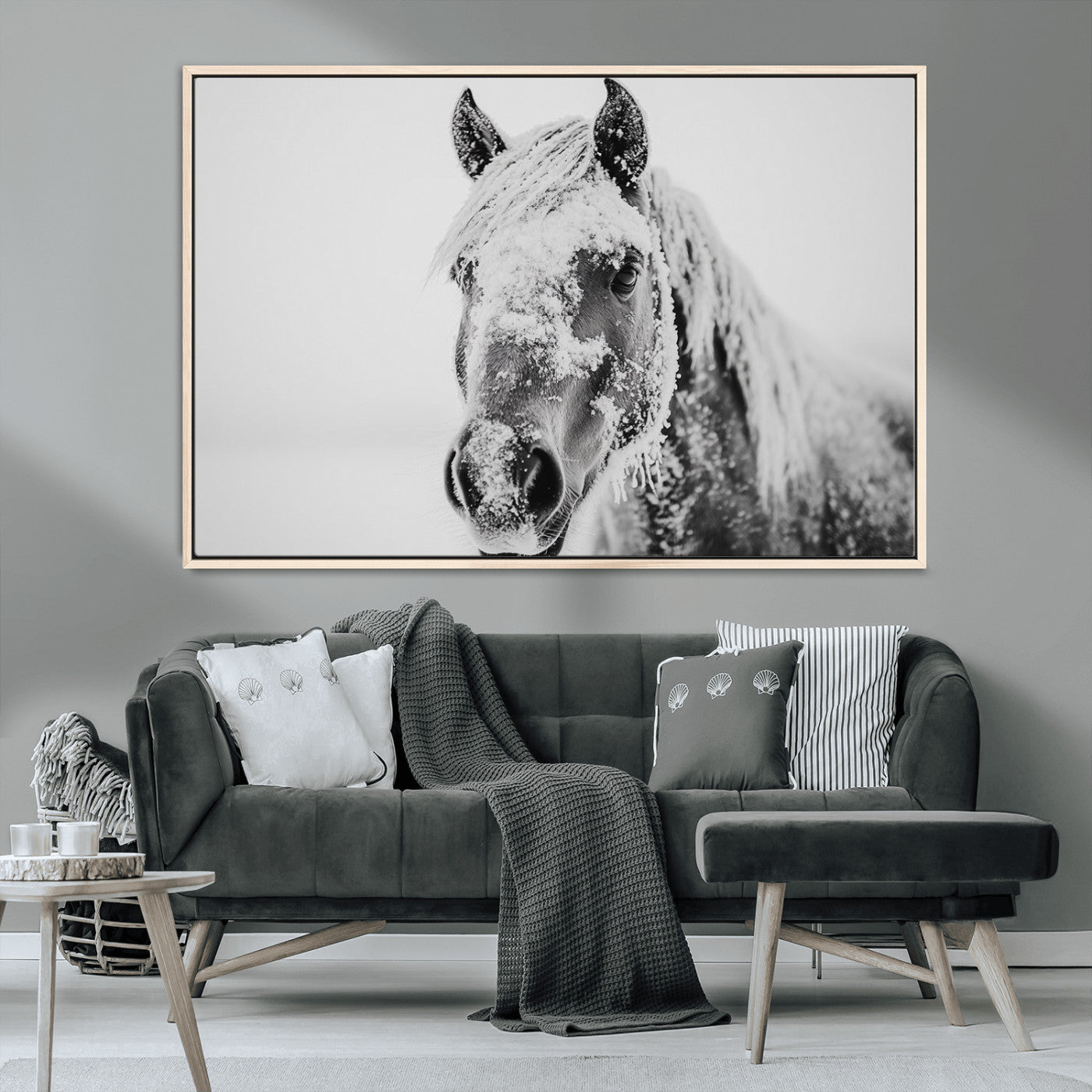 MGV-FC-36X24 - White Horse Wall Art | Ready to Hang and Framed | Winter Horse Wall Art Print for Farmhouse and