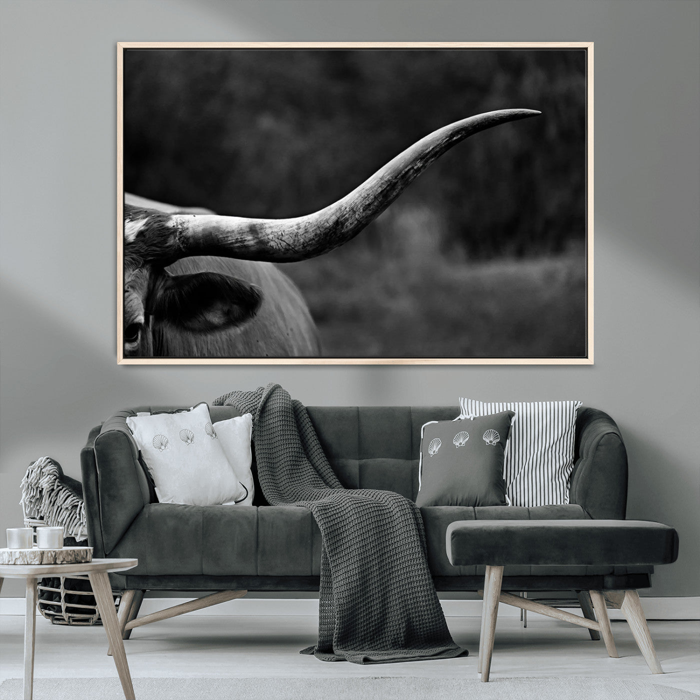 MGV-FC-36X24 - Cow Longhorn Wall Art | Black and White Print | Ready to Hang and Framed | Farmhouse Wall Decor |