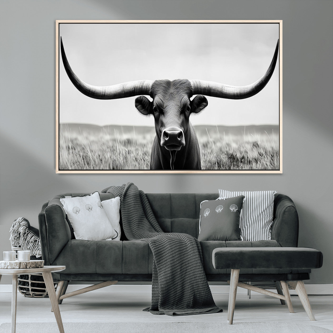 -Longhorn Bull Canvas Print | Rustic Farmhouse Wall Art | Western Decor | Ready to Hang and Framed