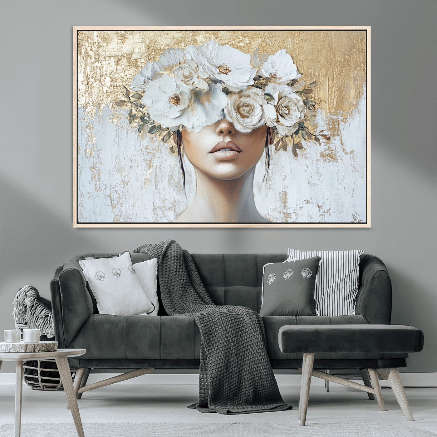 MGV-FC-36X24 - Golden Petal Wall Art - Canvas Print Flower Head Woman Painting Floral Woman Portrait Wall Decor,