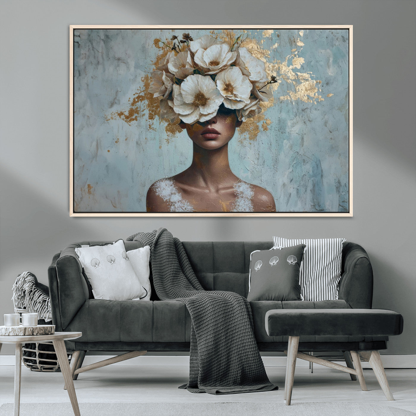 MGV-FC-36X24 - Golden Petal Wall Art - Petal Silhouette Woman Wall Art Canvas Print | Large 3-Panel Canvas with