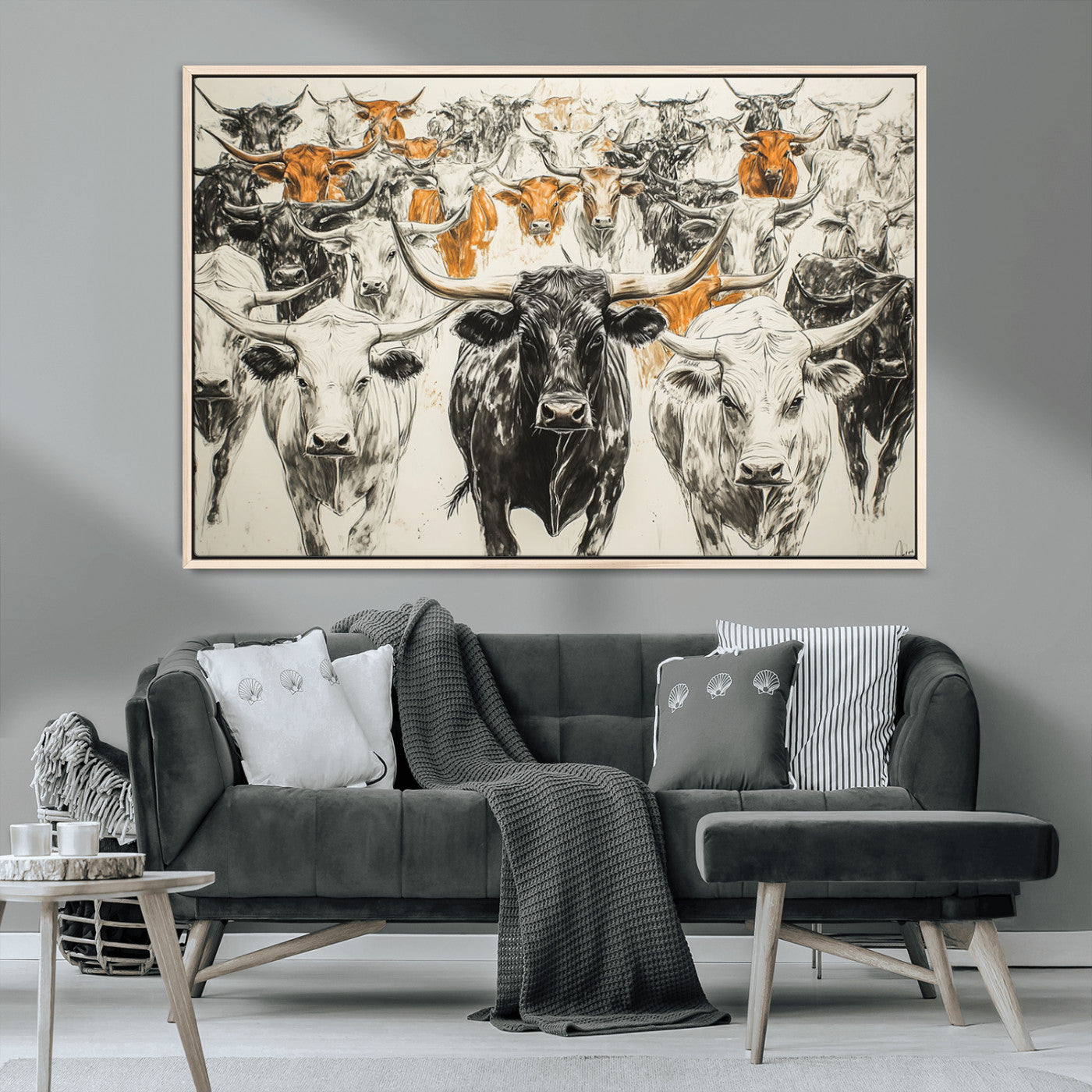 MGV-FC-36X24 - Texas Longhorn Wall Art - Herd Canvas Wall Art Print - Abstract Cow Drawing Wall Art Print for