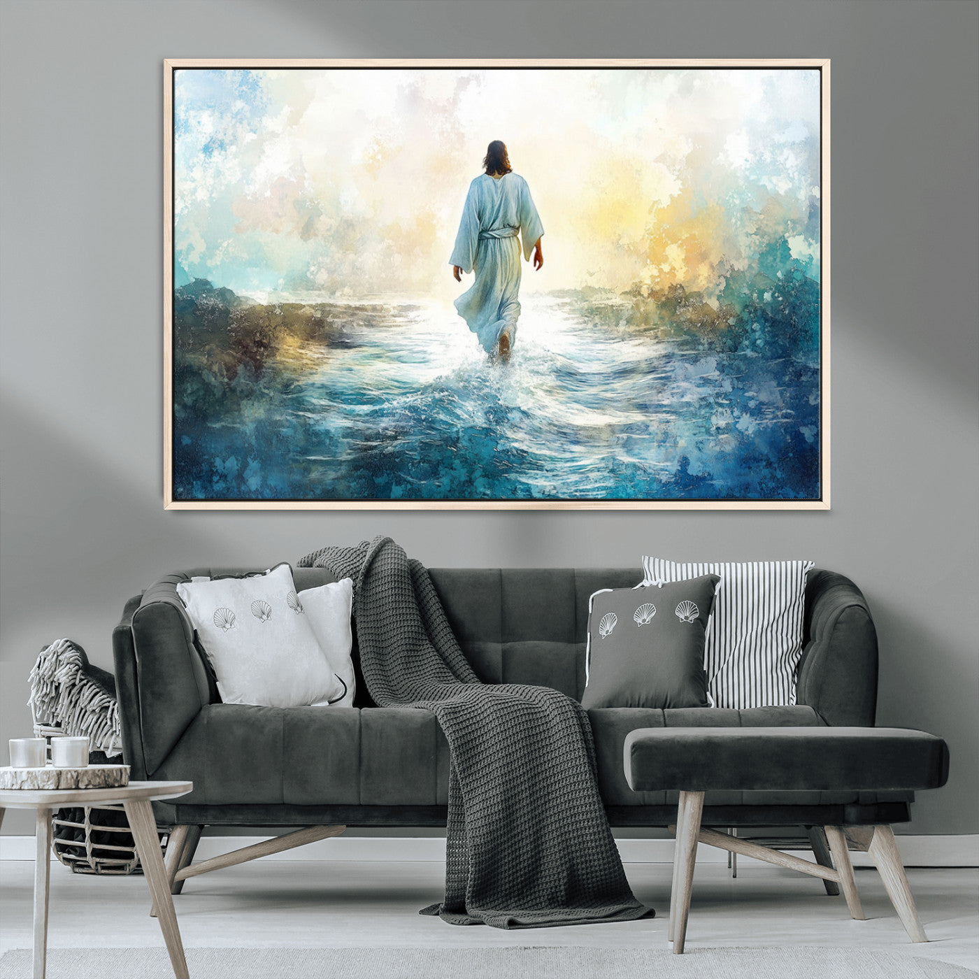 MGV-FC-36X24 - Watercolor Jesus Walking on Water Canvas Print, Christian Wall Art, Jesus Christ Walking
