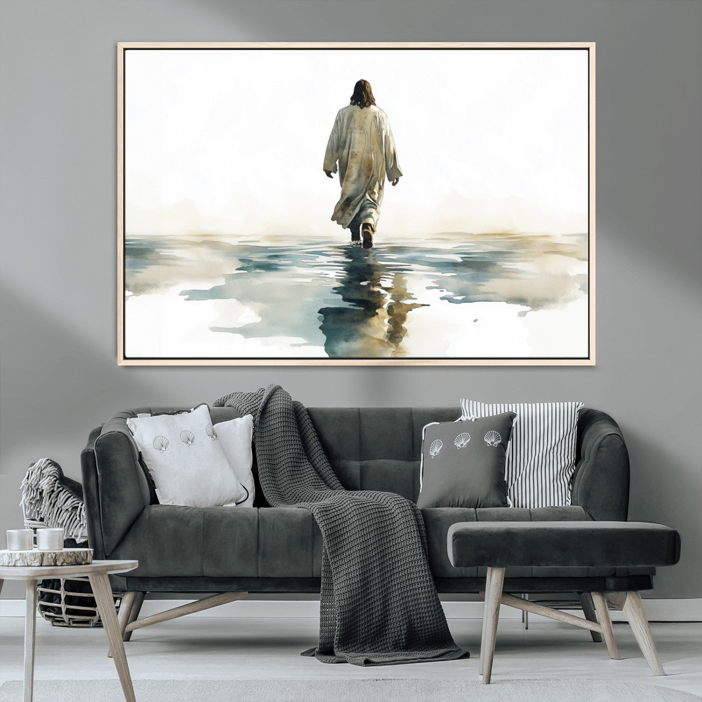 MGV-FC-36X24 - Watercolor Jesus Walking on Water Canvas Print, Christian Wall Art, Jesus Christ Walking