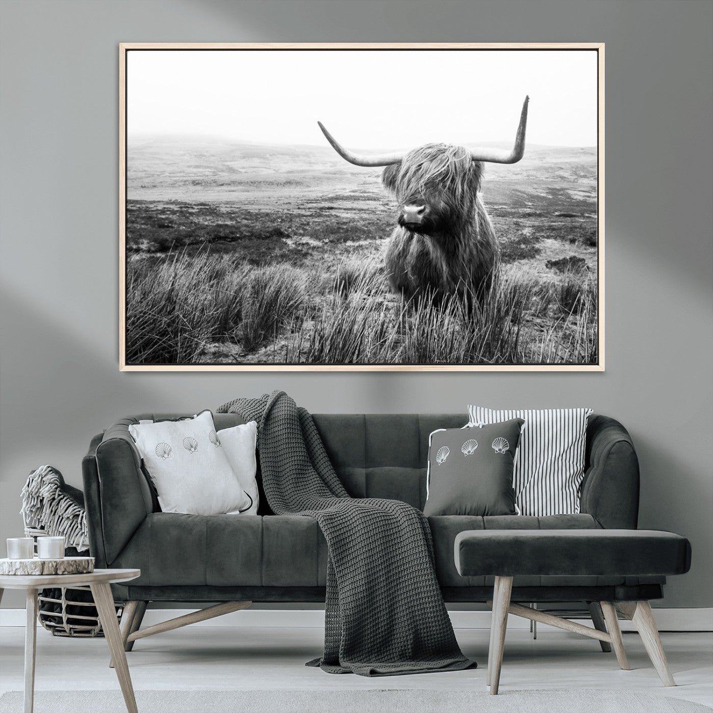 MGV-FC-36X24 - Scottish Highland Cow Wall Art | Black and White Canvas Print | Ready to Hang and Framed | Rustic