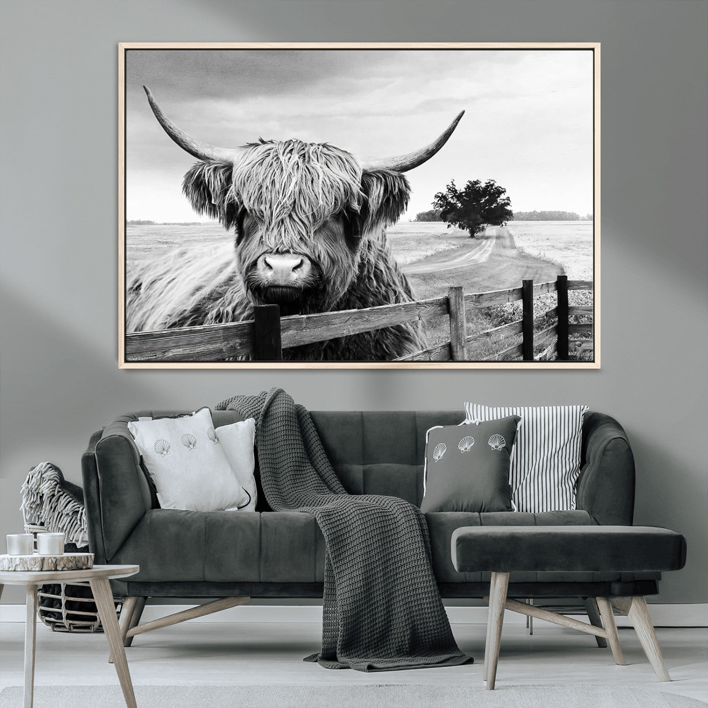 MGV-FC-36X24 - Scottish Highland Cow Wall Art | Rustic Farmhouse Décor | Black and White Ready to Hang Canvas Print