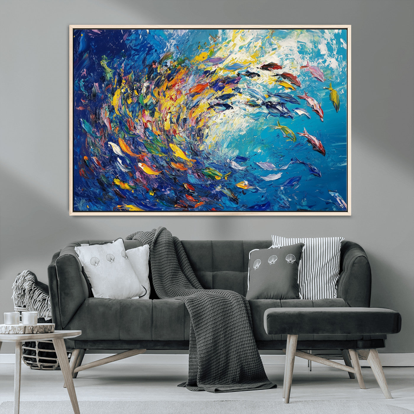 MGV-FC-36X24 - Colorful Swirling Fish School Wall Art Canvas Print | Oceanic Abstract Painting | Ready to Hang |