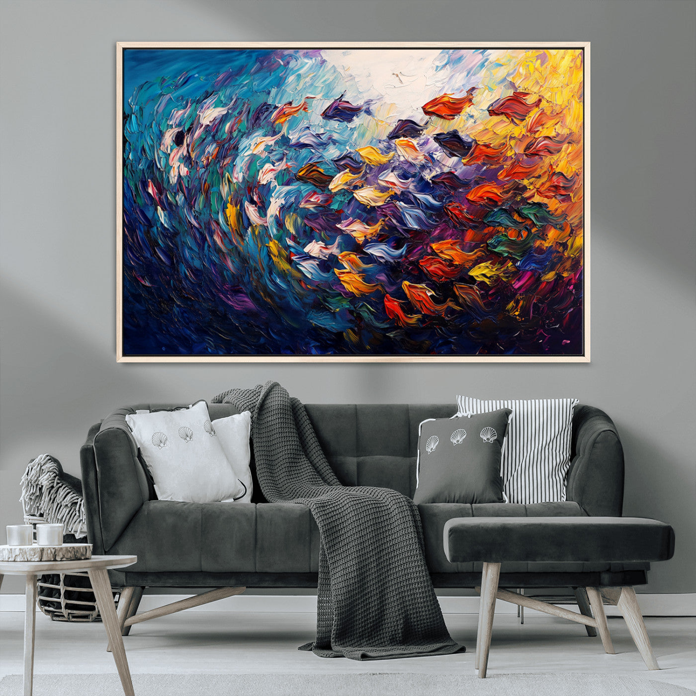 MGV-FC-36X24 - Vibrant Abstract Fish Swarm Art – Colorful Fish Inspired 3-Piece Canvas Wall Art for Living Room or