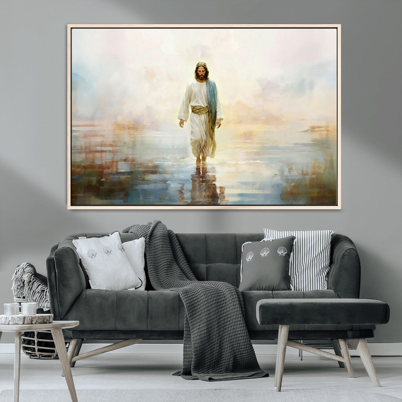 MGV-FC-36X24 - Framed Jesus Walking on Water Wall Art - 3-Panel Christian Canvas Prints, Religious Artwork for