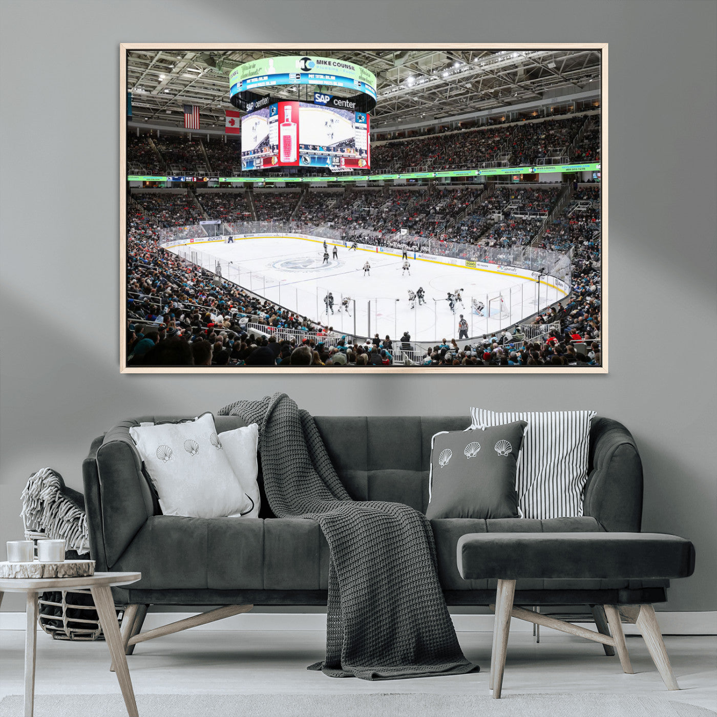 MGV-FC-36X24 - Sharks Arena Blackhawks Sharks Ice Hockey Stadium Wall Art Canvas Print, Framed Blackhawks Sharks