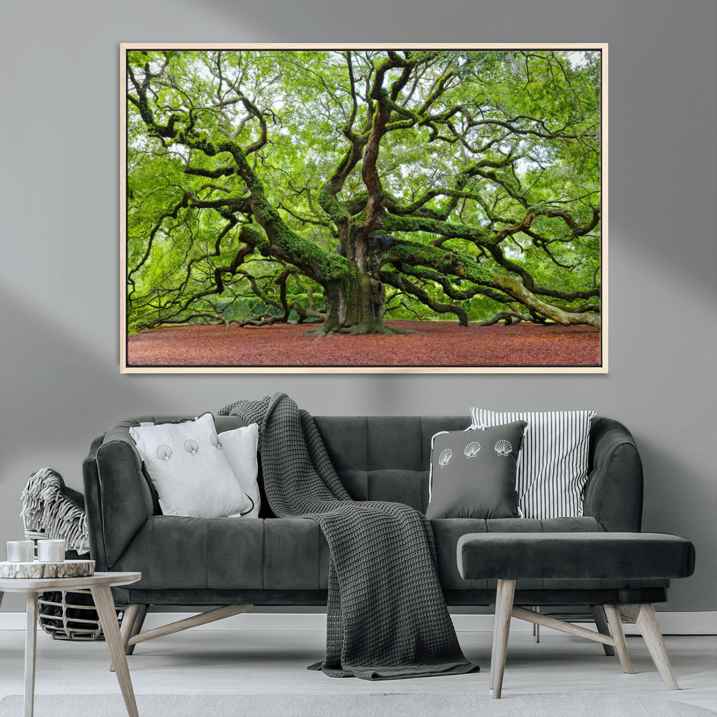 MGV-FC-36X24 - Framed Angel Oak Tree Wall Art - 3-Panel Canvas Prints, Large Green Nature Artwork, Ready to Hang