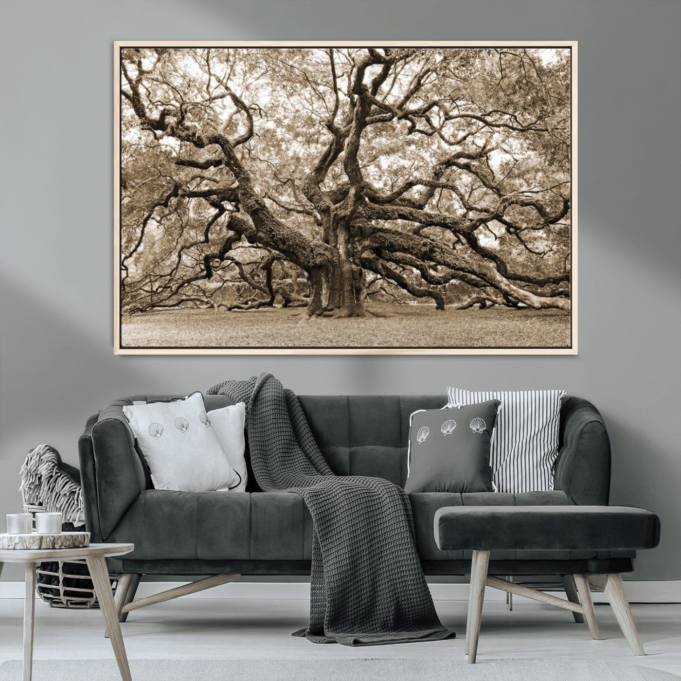 51126-MGV-CV-36X24-Sepia Framed Angel Oak Tree Wall Art - 3-Panel Canvas Prints, Large Green Nature Artwork, Ready to