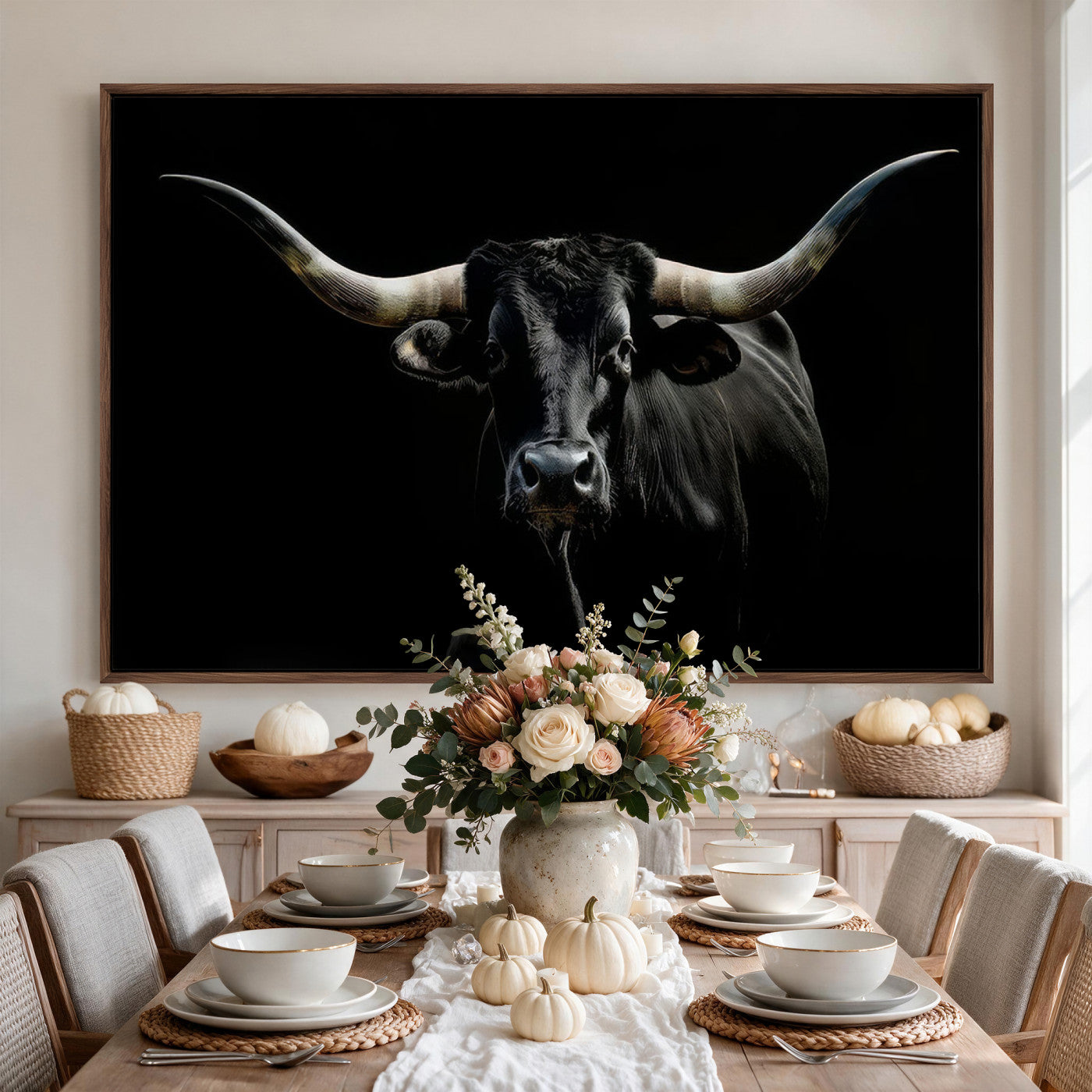 37889-MGV-CV-36X24 - Texas Longhorn Canvas Wall Art - Rustic Western Longhorn Bull Print in Brown & Black - Farmhouse Decor for Living Room, Office, or Ranch