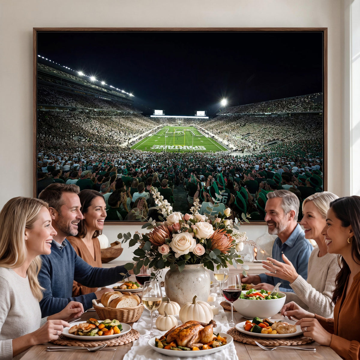 57523-PAN-FL-20X10 - Framed Michigan State Spartans Football Team Print - East Lansing Spartan Stadium Wall Art Canvas