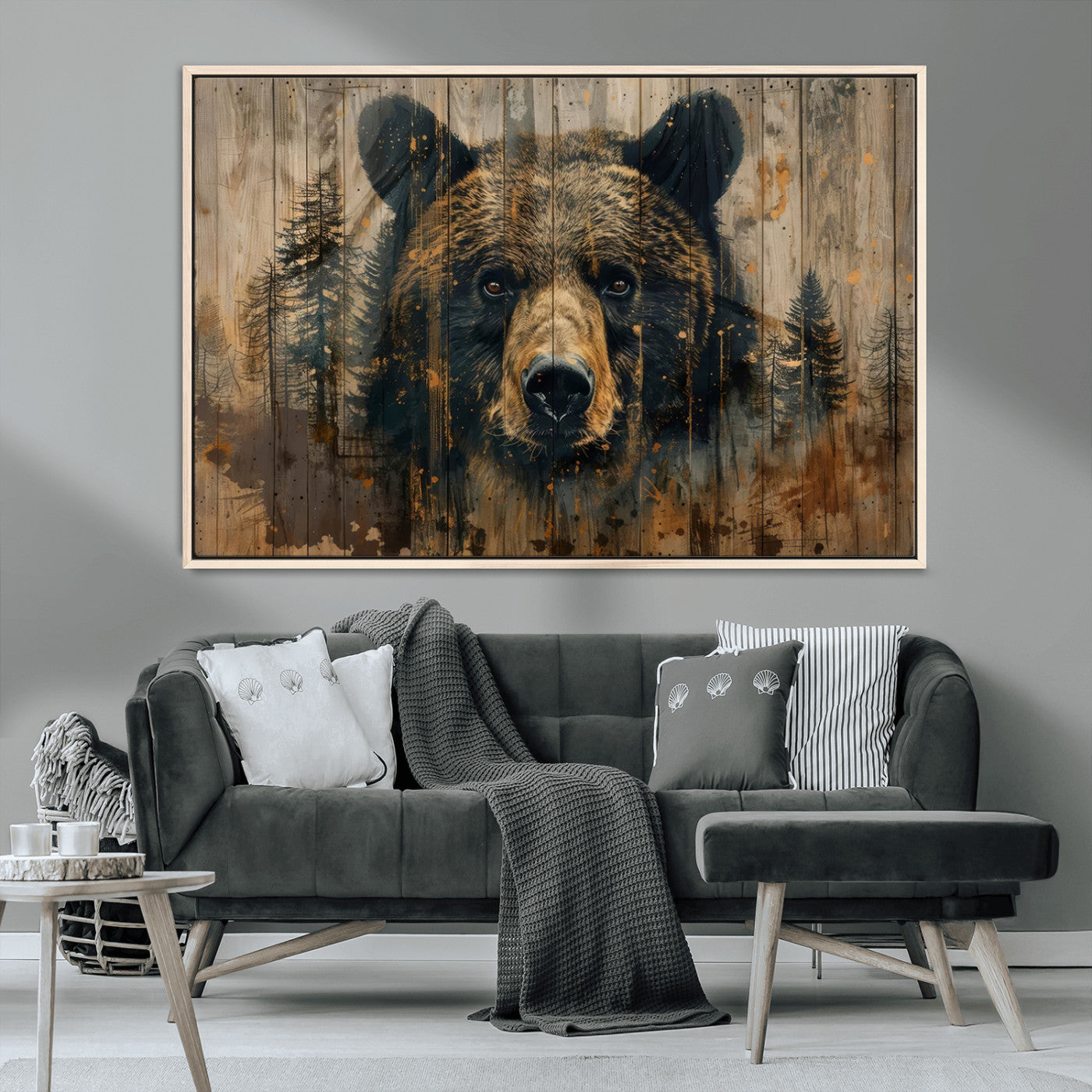 MGV-FC-36X24 - Abstract 399 Bear Wall Art | Rustic Cabin Wall Decor with Forest Design | Framed and Ready to Hang |