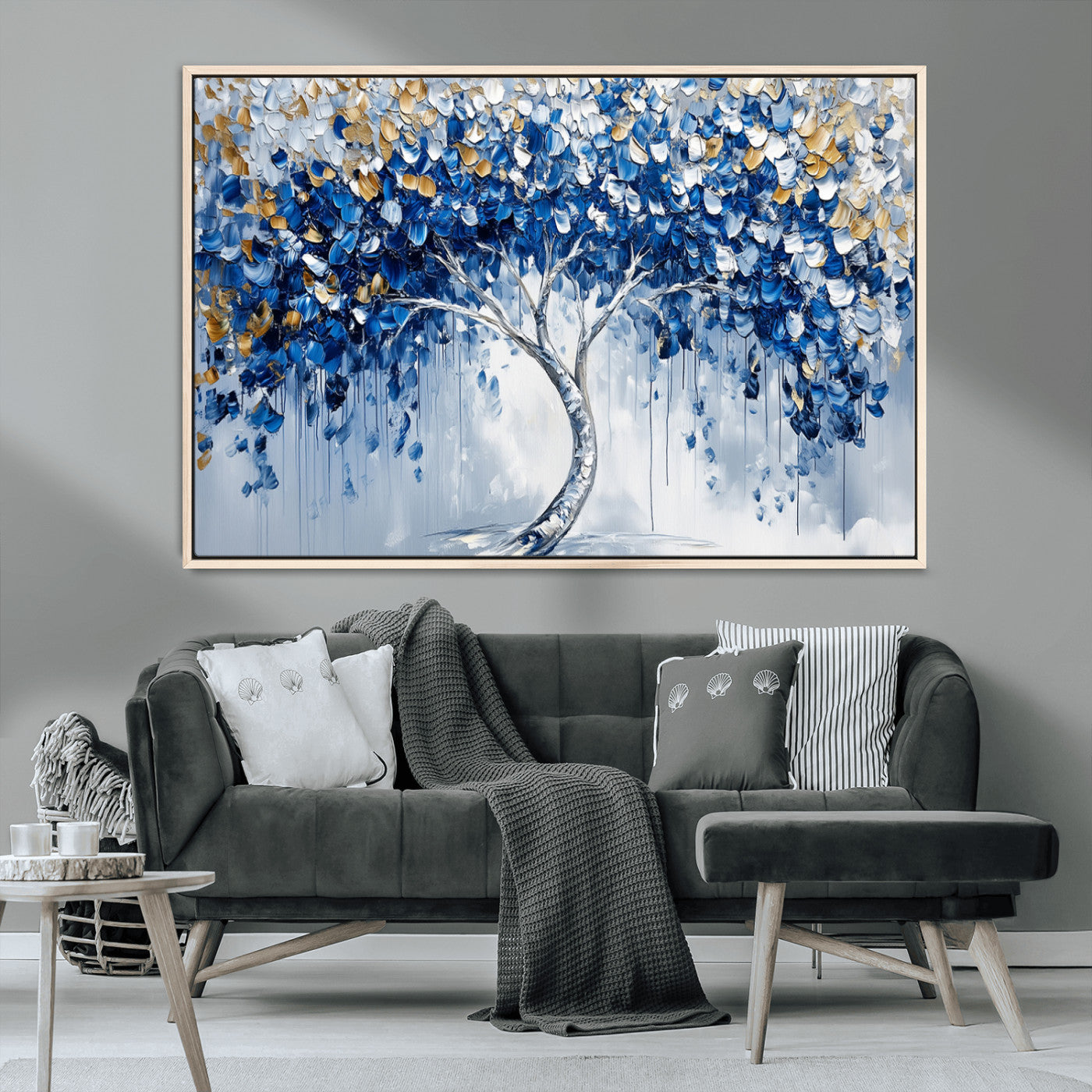 MGV-FC-36X24 - Blue and Gold Abstract Tree Wall Art Canvas Print | Modern Tree of Life Painting | Framed Canvas