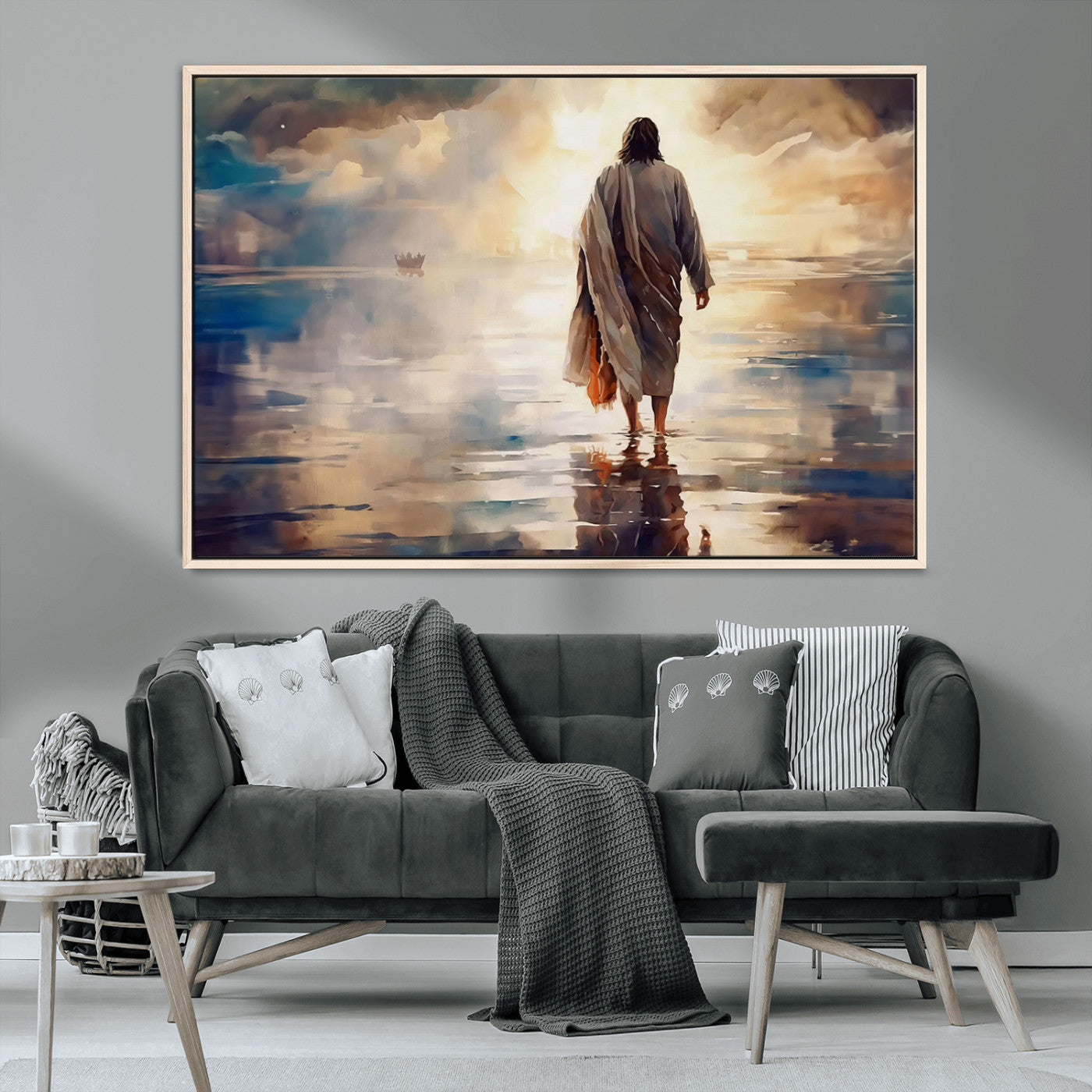 MGV-FC-36X24 - Jesus Walking on Water Wall Art | Ready to Hang Spiritual Triptych Canvas Print | Inspirational