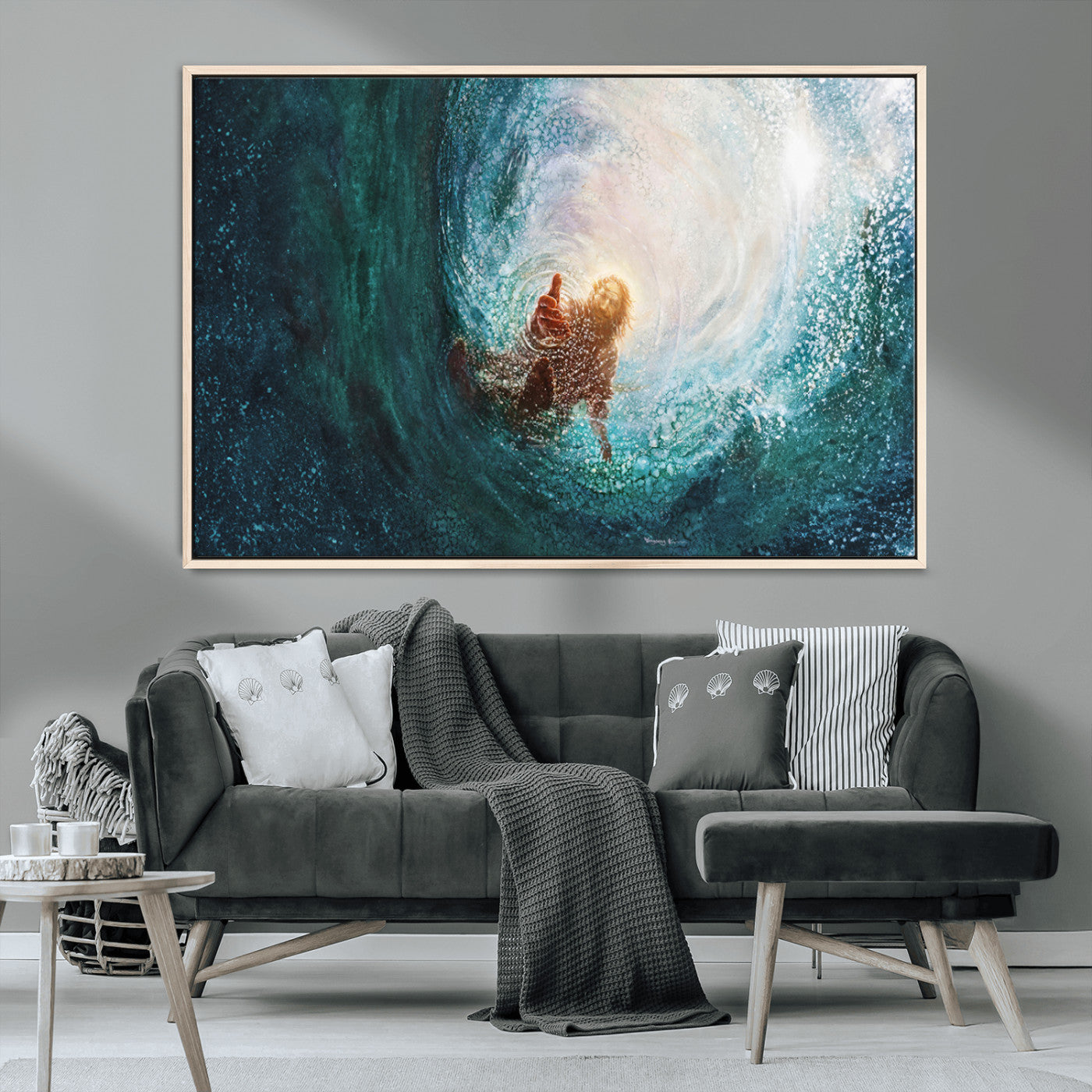 MGV-FC-36X24 - Powerful Jesus Canvas Print - Hand of Salvation, Inspirational Wall Art - Framed, Ready to Hang for