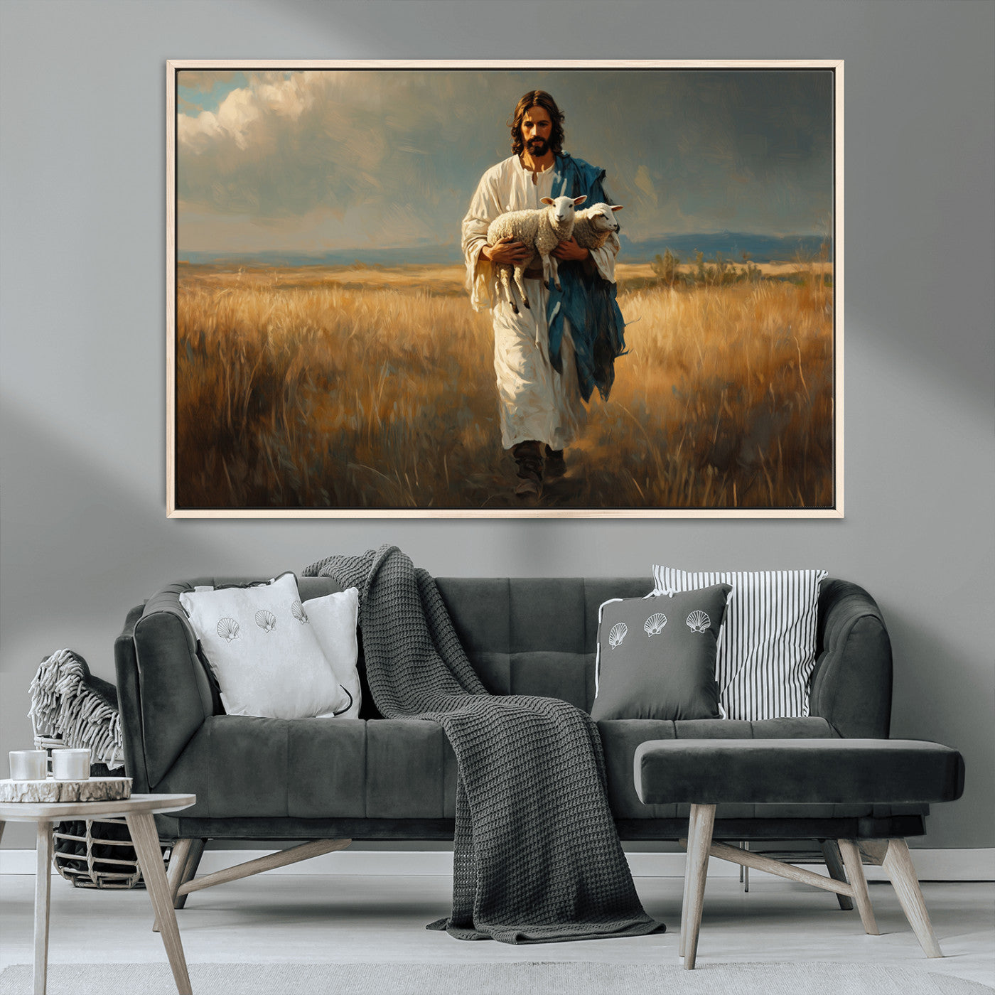 MGV-FC-36X24 - Jesus Shepherd Wall Art | Ready to Hang Triptych Canvas of Jesus Holding a Lamb in a Field |