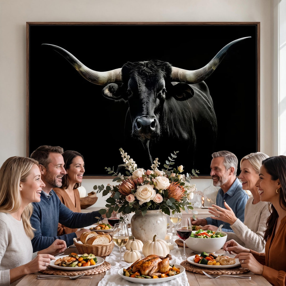 20679-MGV-CV-24X16 - Texas Black Longhorn Bull Wall Art Canvas Print, Western Cattle Rustic Decor