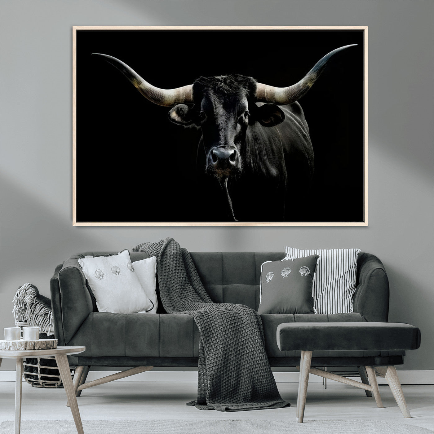 MGV-FC-36X24 - Texas Black Longhorn Bull Wall Art Canvas Print - Western Texas Cattle Rustic Decor Print - Longhorn