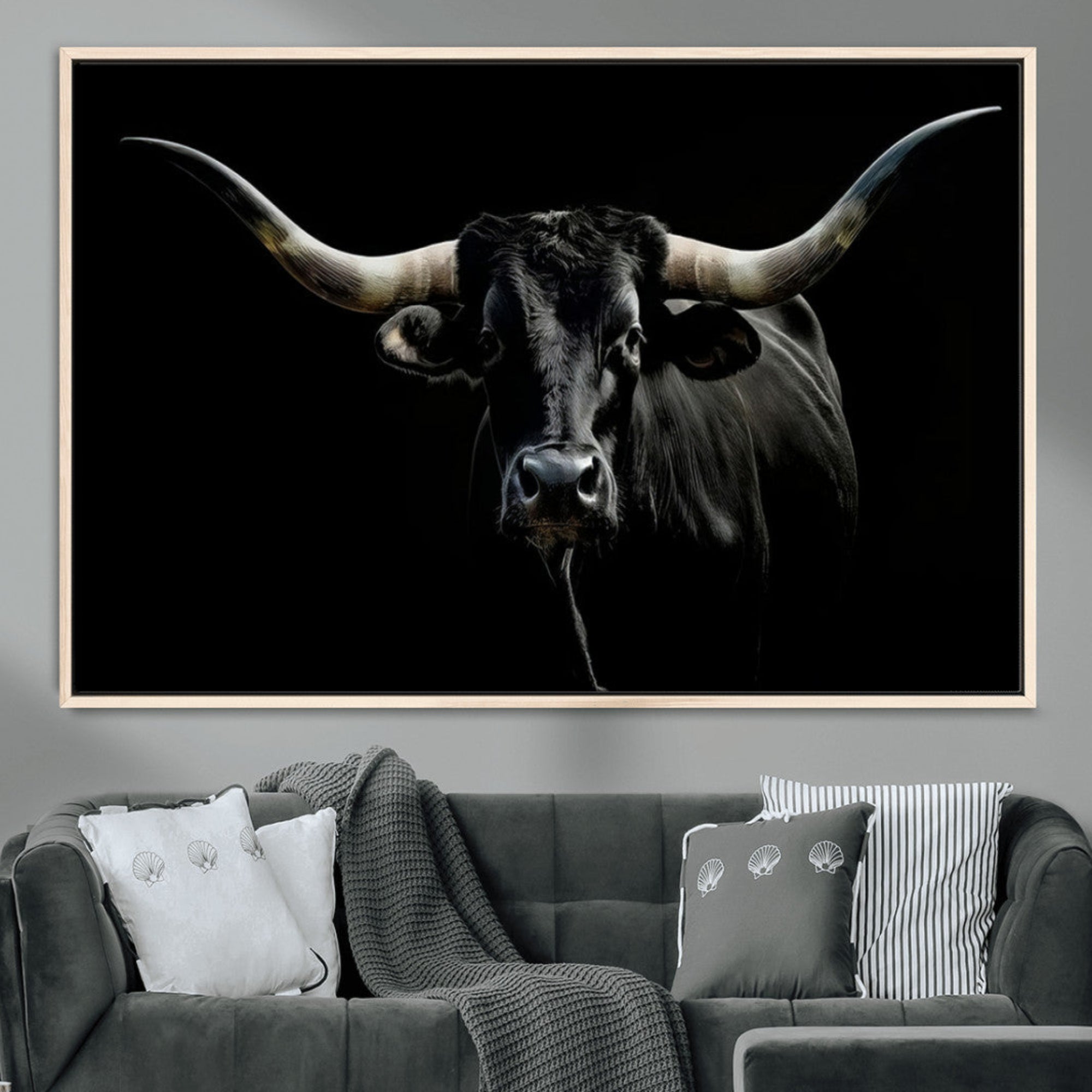 20679-MGV-CV-36X24-Texas Black Longhorn Bull Wall Art Canvas Print - Western Texas Cattle Rustic Decor Print - Longhorn